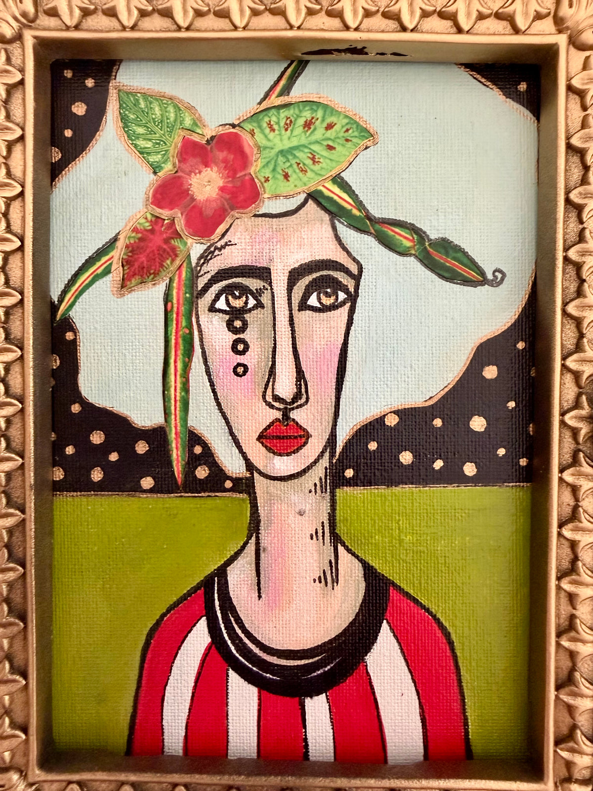 Original,signed painting-mixed media portrait on canvas in gold frame 10x12