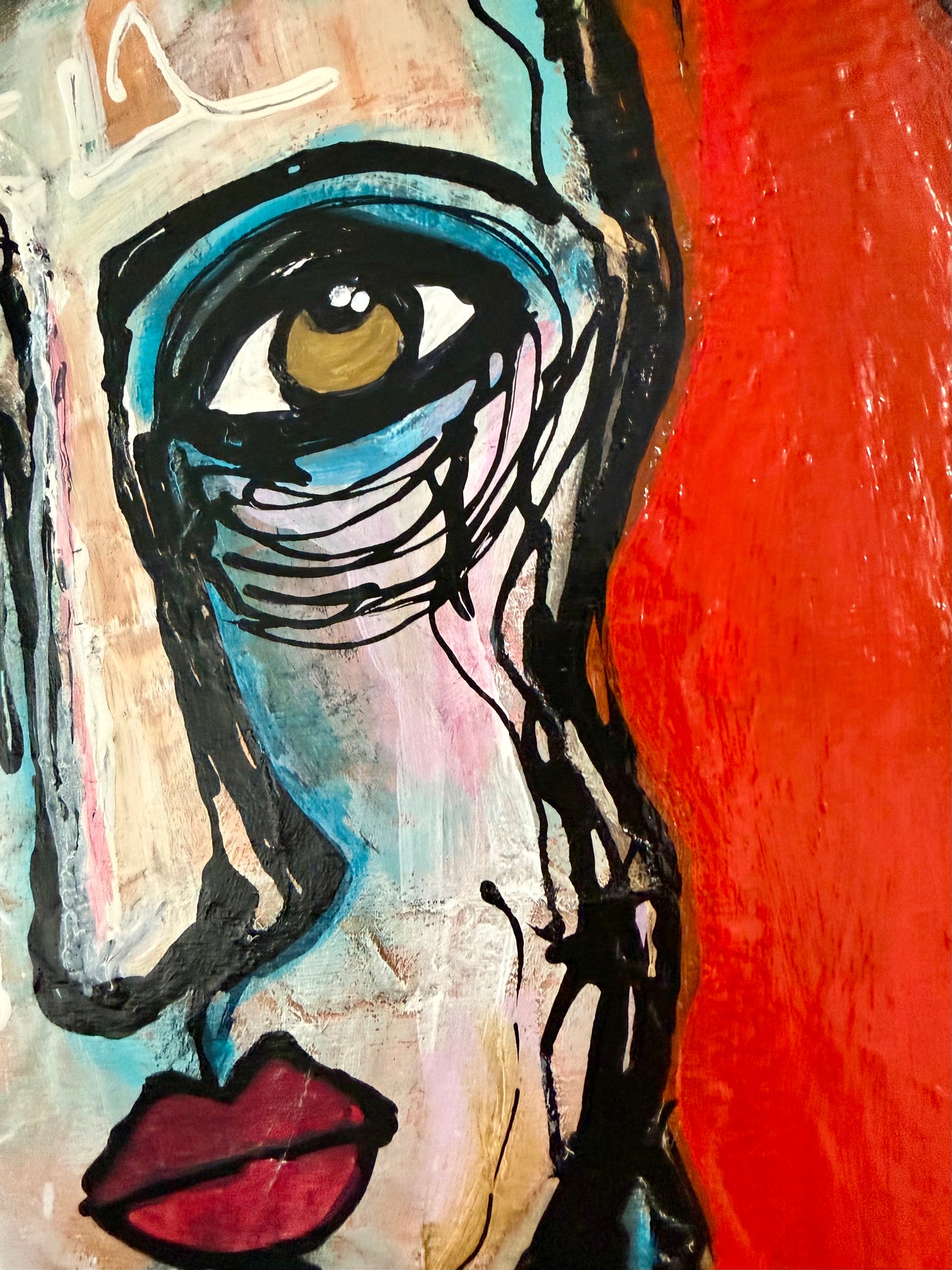 Original, signed mixed media painting/collage on box-framed wood panel. Abstract portrait w/mixed media -11x14”