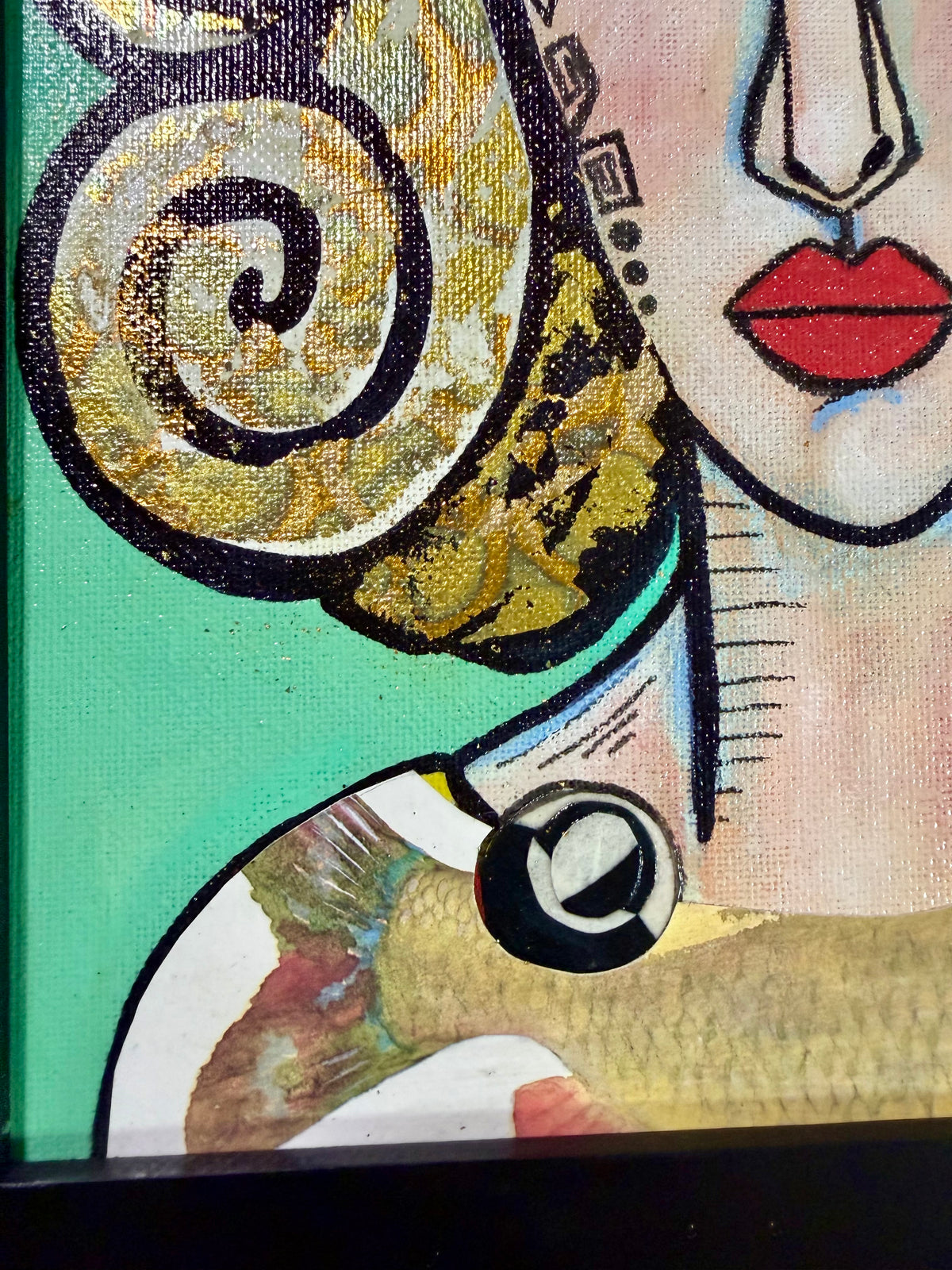 Original,signed painting-mixed media portrait on canvas board in black frame 10x12”