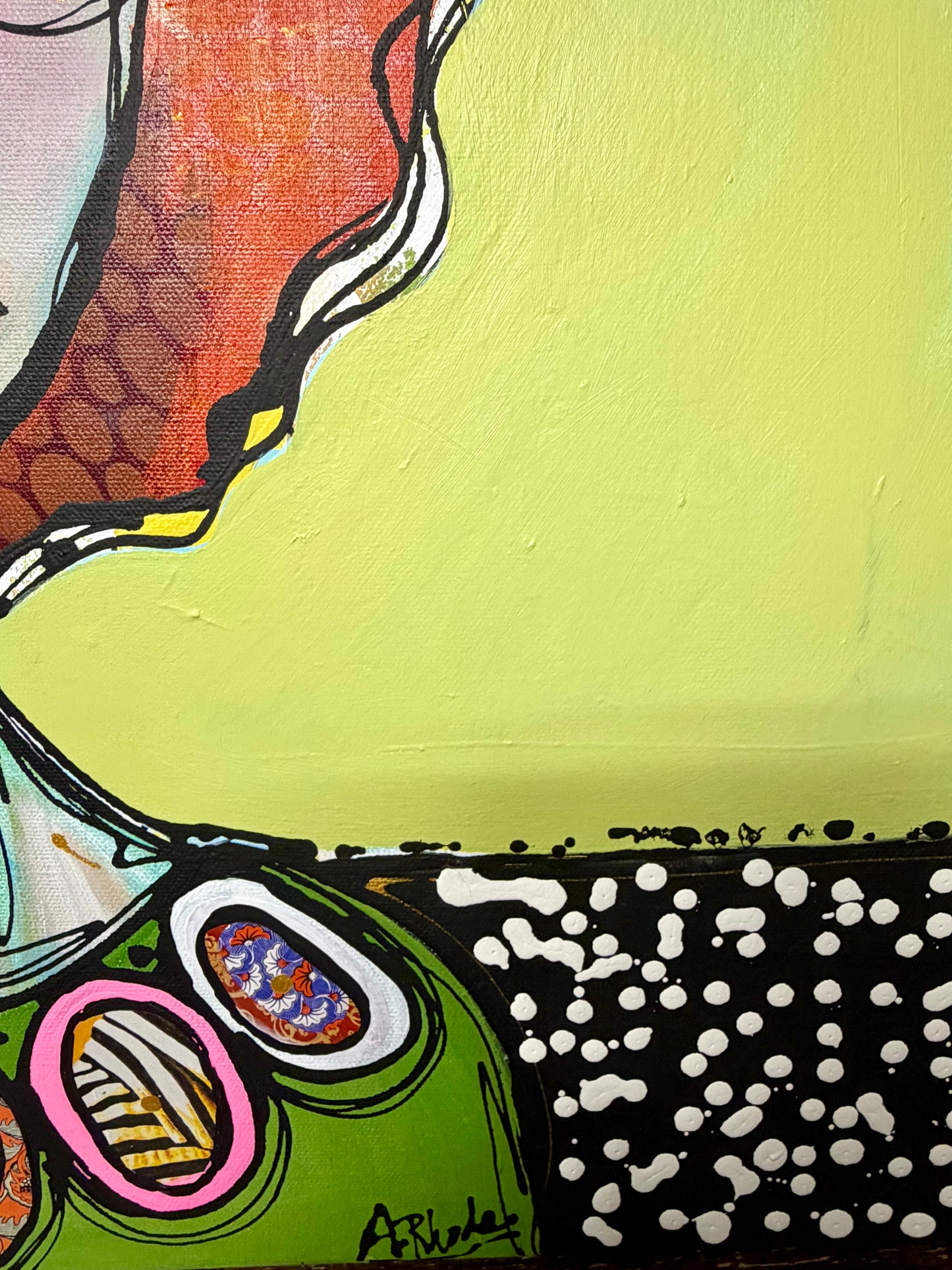 Original, signed painting-20x24”wide edge canvas: Abstract portrait with mixed media and collage edge