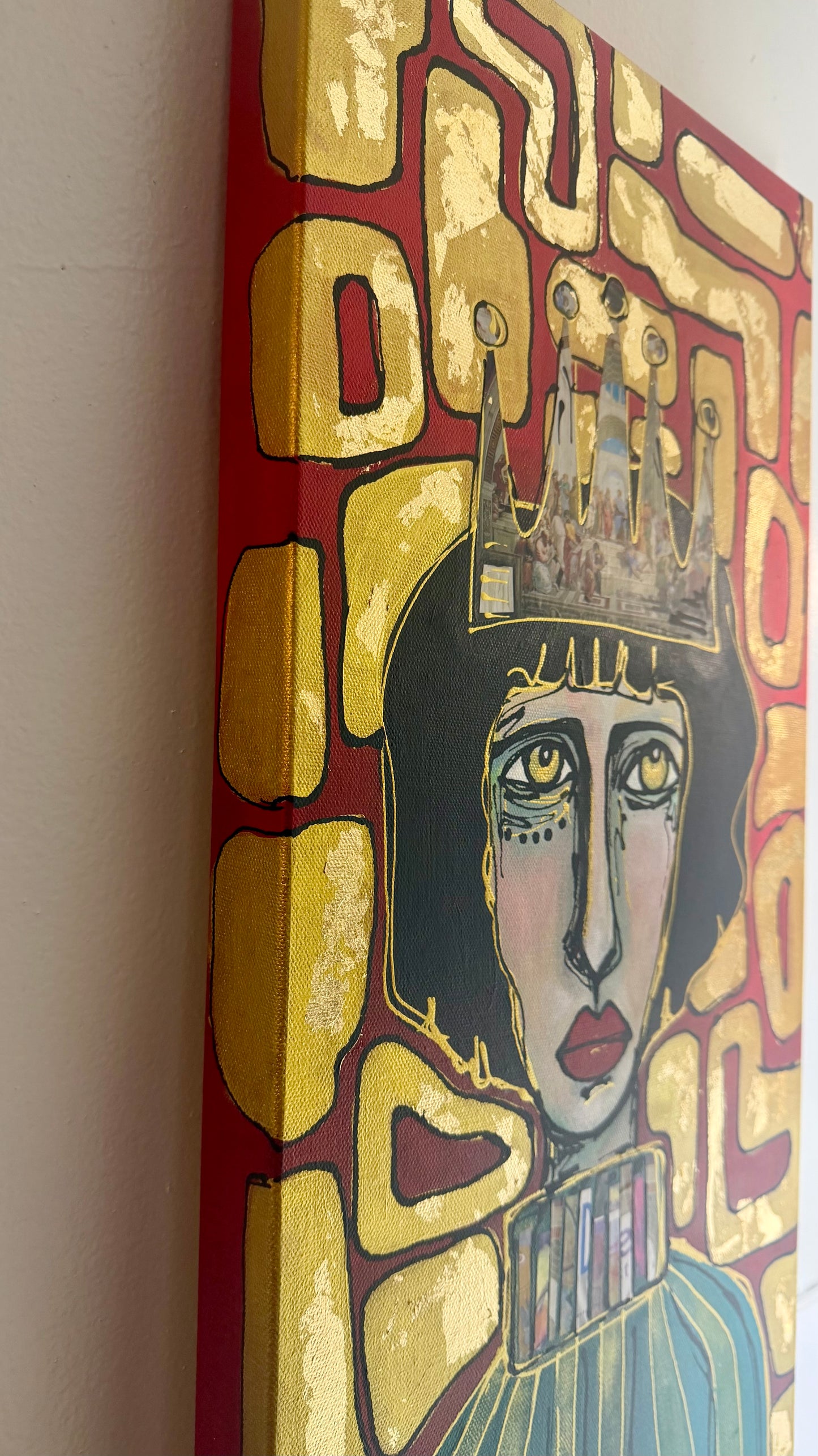 Original, signed painting-12x24” painted edge canvas: Abstract portrait w/ mixed media crown