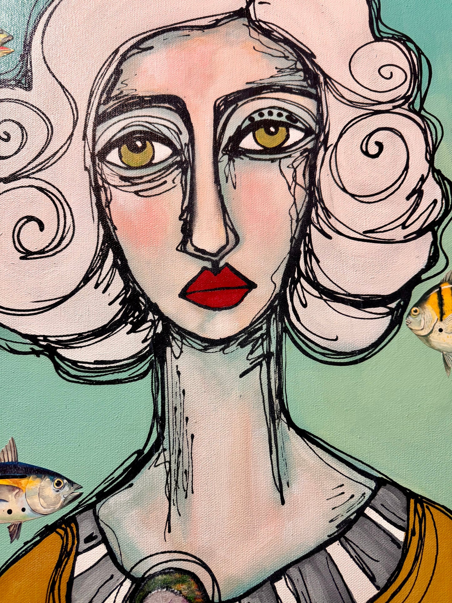 Original, signed painting-18x24”painted, wide edge canvas: Abstract portrait with mixed media collage