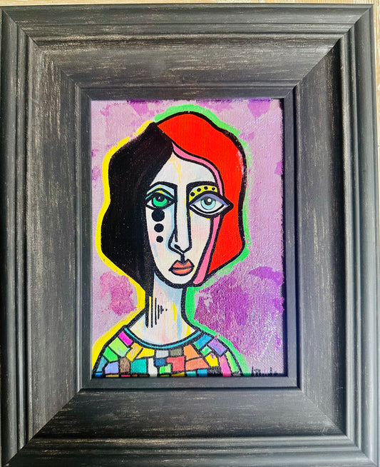 Original mini painting on canvas in frame, 9x11” Abstract portrait w/mixed media