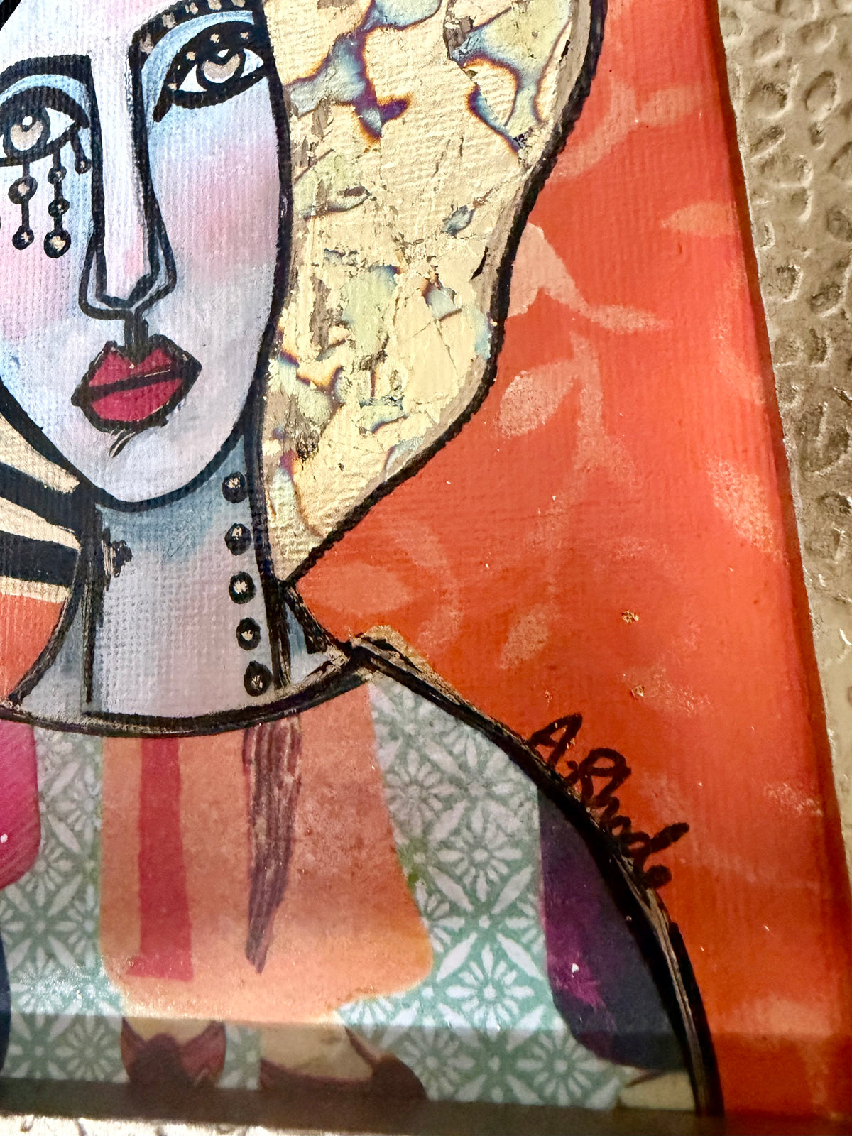 Original,signed painting-mixed media portrait on canvas in gold frame 9x11