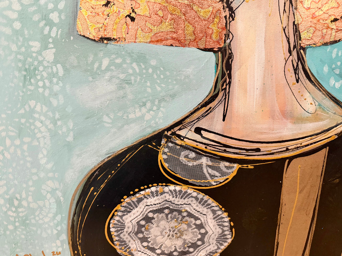 36x48 Original signed painting-wide gallery edge canvas Abstract portrait, acrylic w/mixed media collage