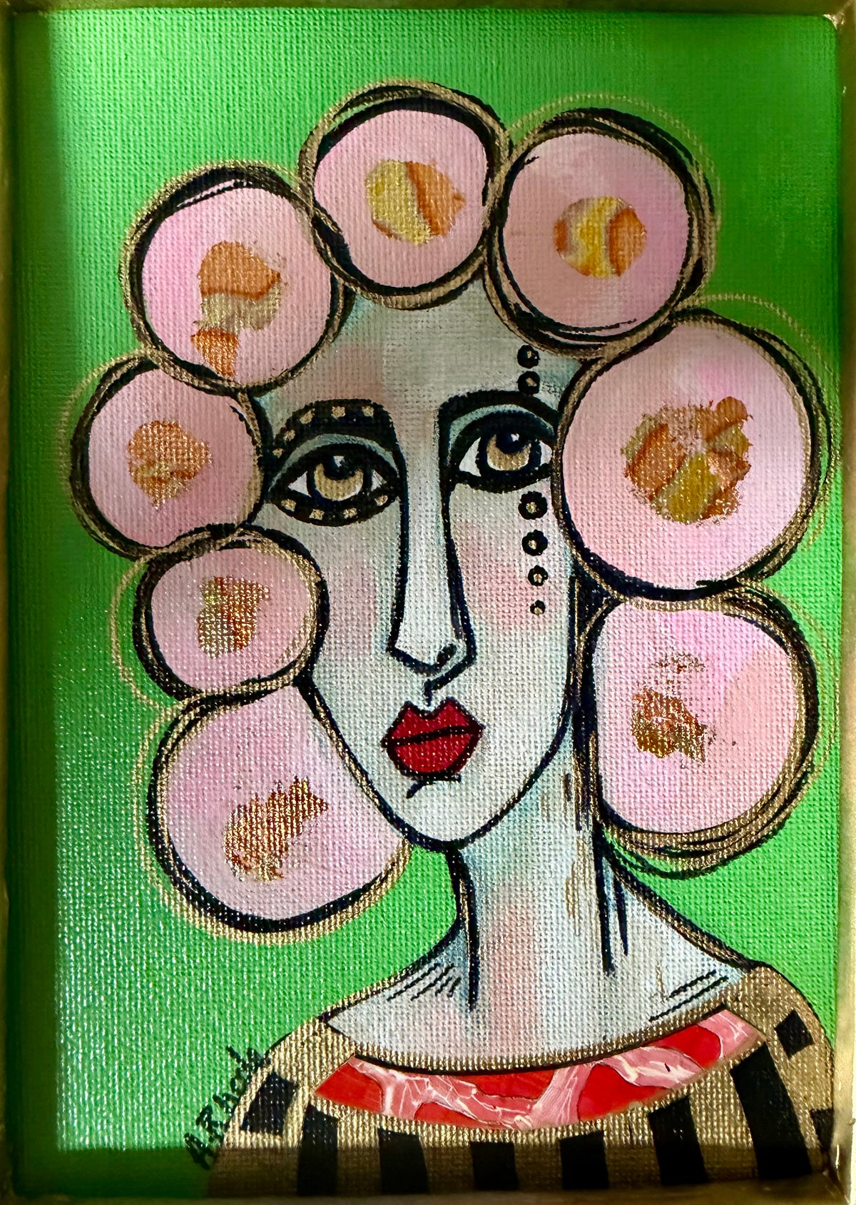 Original,signed painting-mixed media portrait on canvas in gold frame 9x11