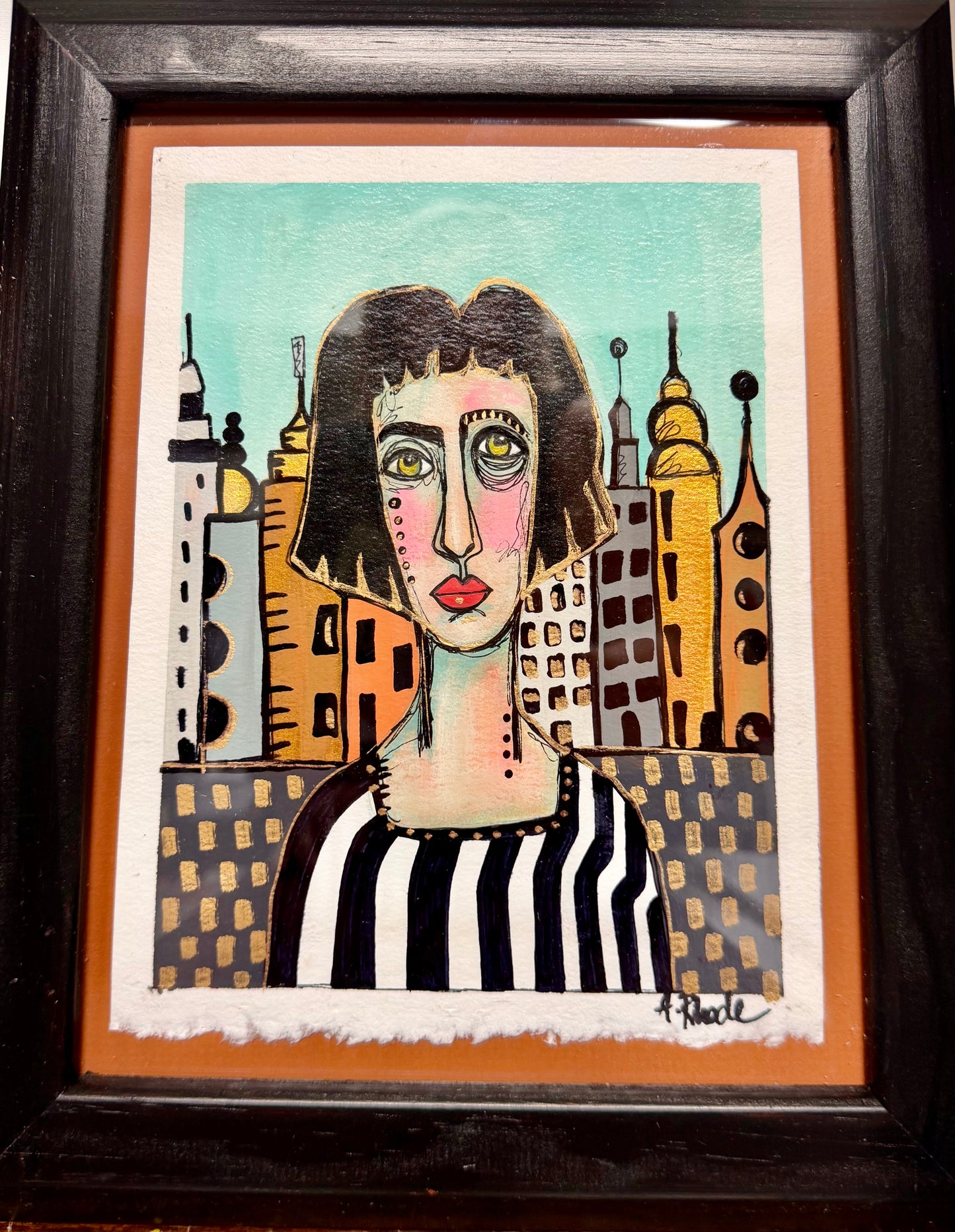 Original,signed painting/mixed media collage portrait on heavyweight archival paper/board in black frame 10.5x13