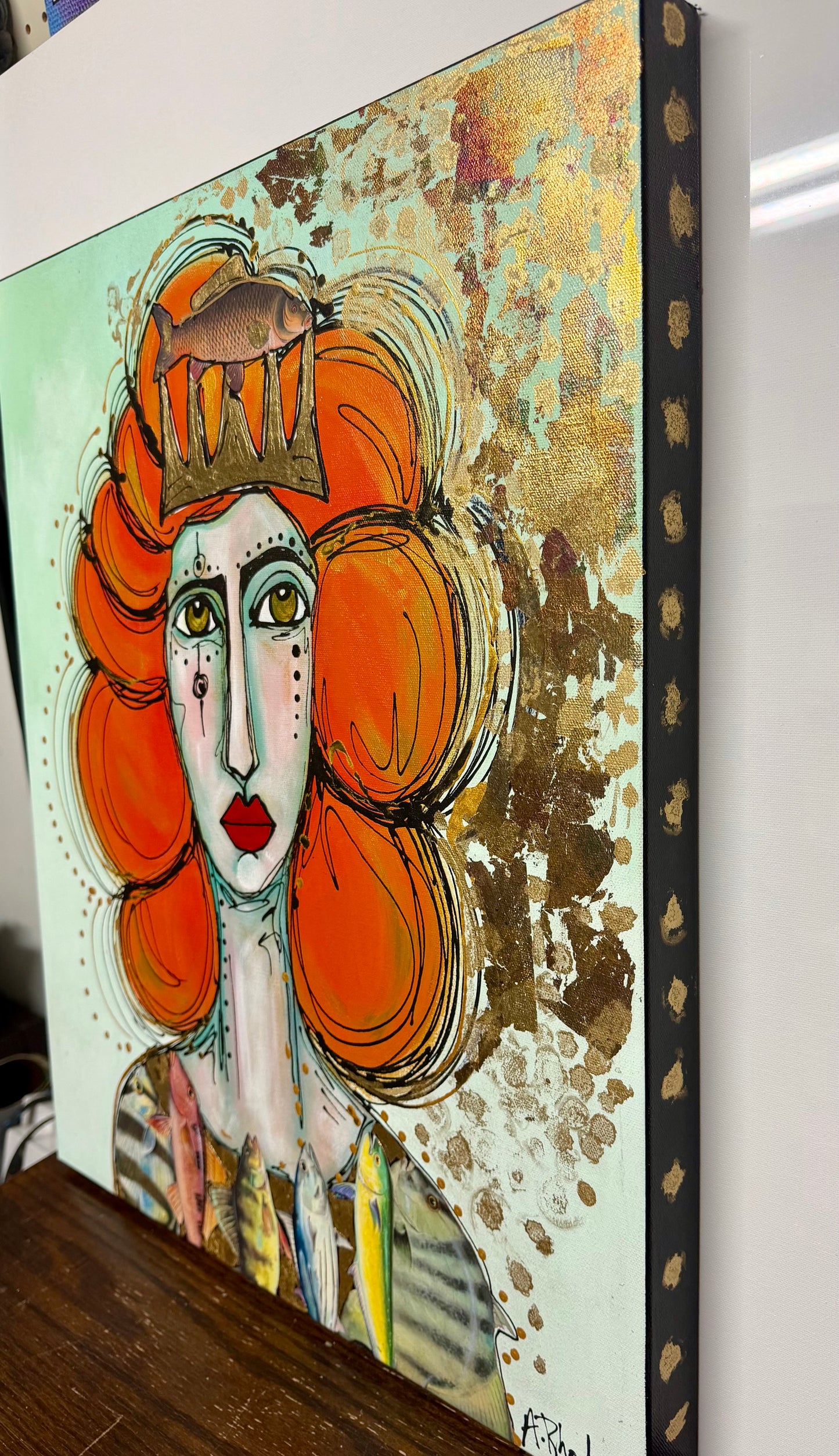 Original, signed painting-20x24”painted, wide edge canvas: “Upstream” Abstract portrait with mixed media collage