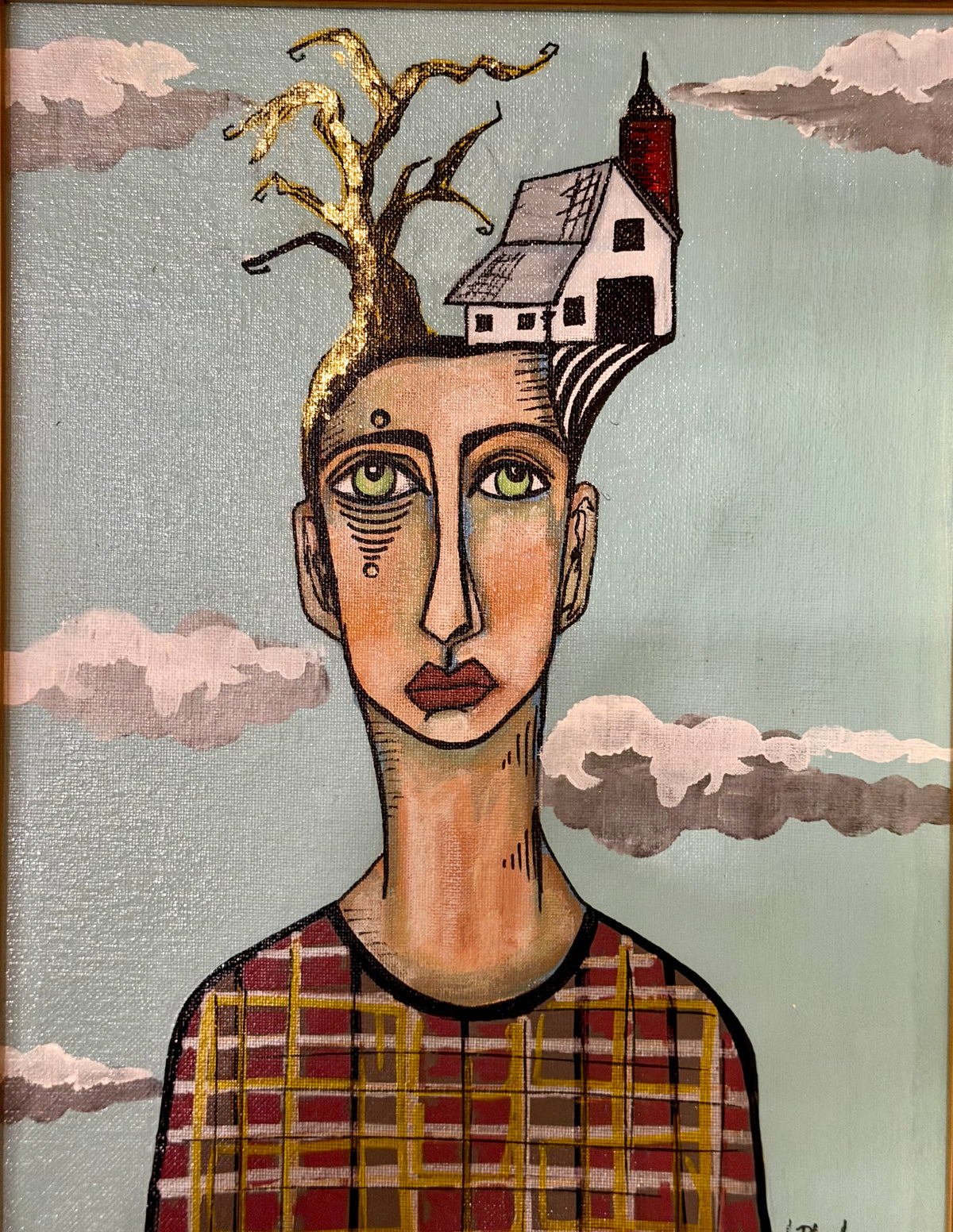 Original,signed painting-mixed media portrait on canvas in gold frame 14x17