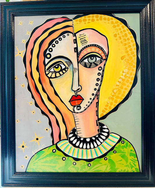 Original painting on canvas in black frame, 19x23 Abstract, Mid-century Modern stylized Portrait