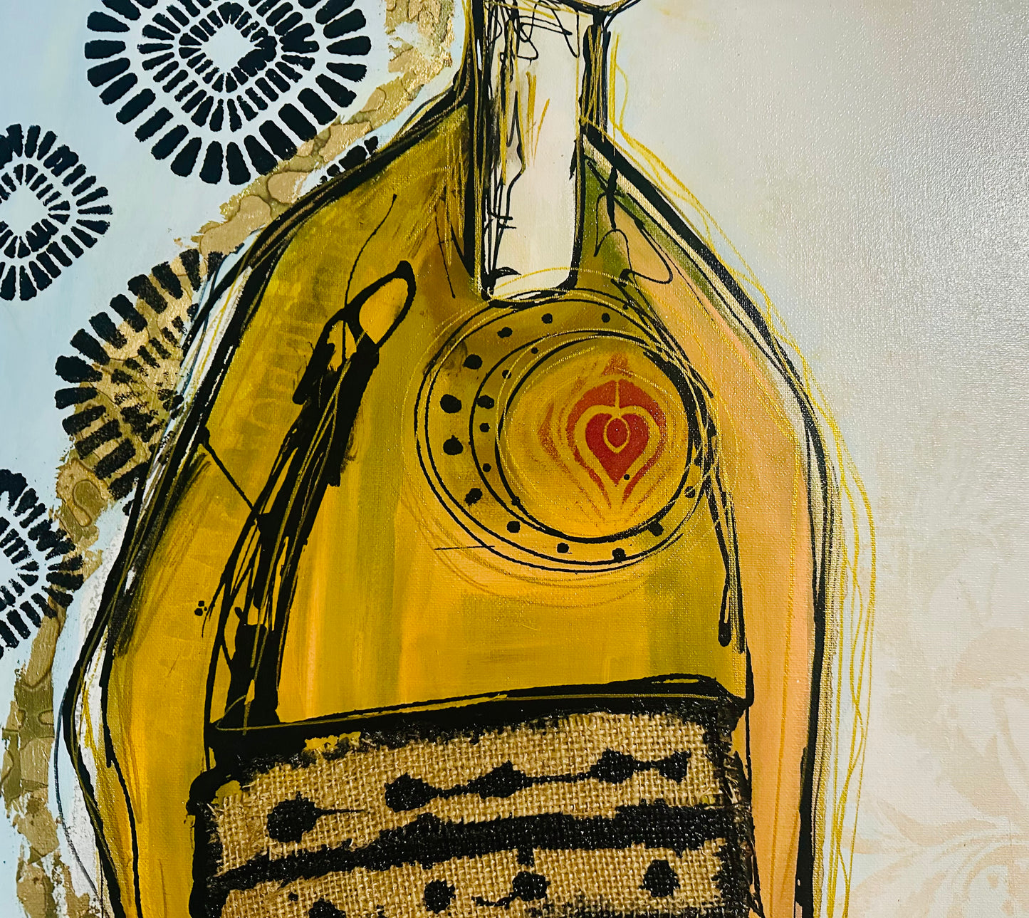 Original, signed painting-24x48”- black edge canvas: Abstract portrait w/ mixed media - ‘Black Crown’