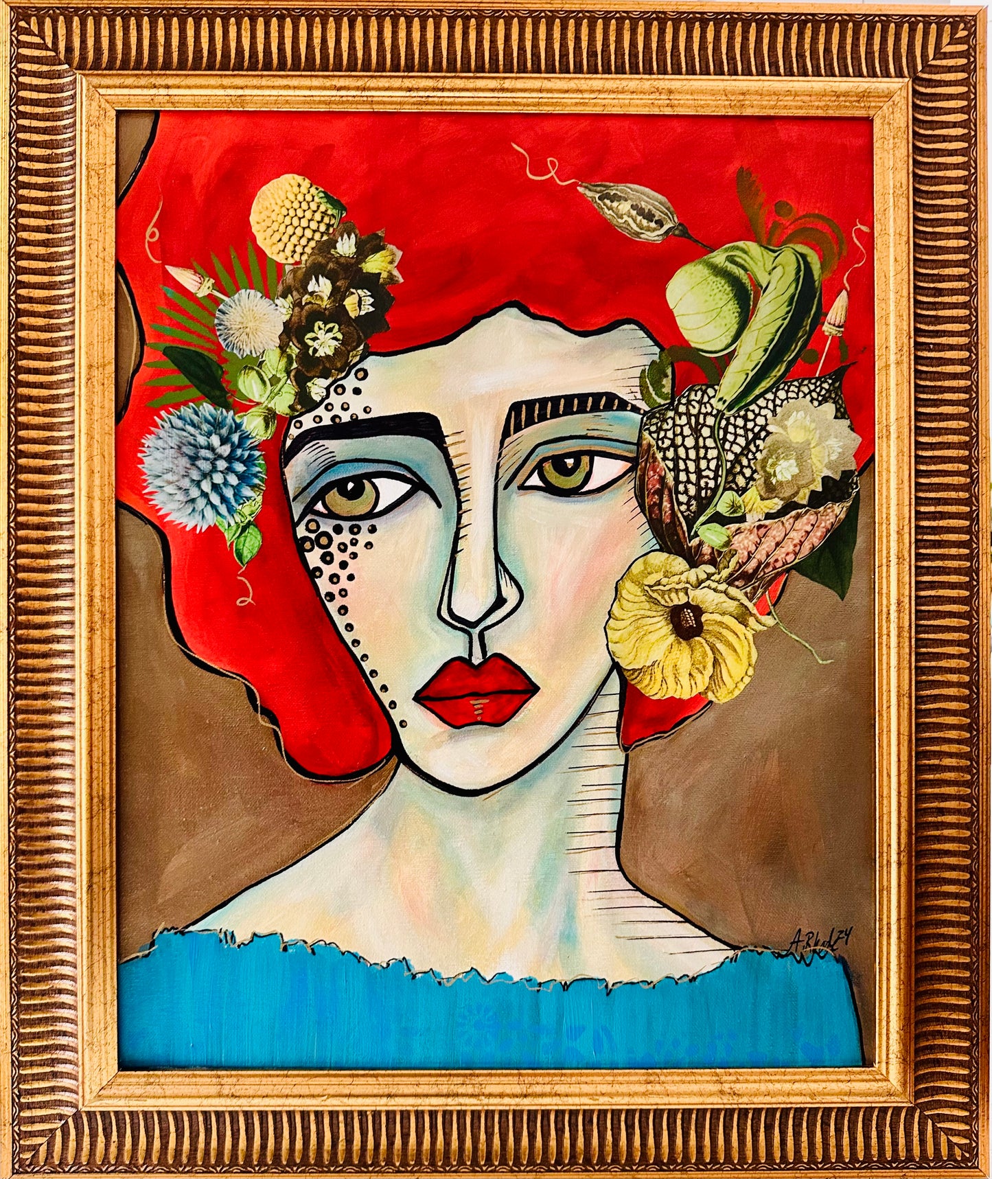 Large Original painting on canvas w/ gold frame  21x25” Abstract Portrait w/ mixed media botanical collage