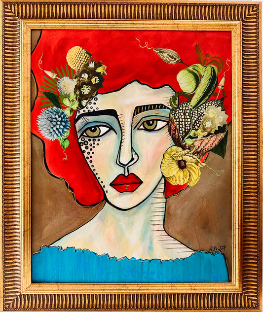 Large Original painting on canvas w/ gold frame  21x25” Abstract Portrait w/ mixed media botanical collage