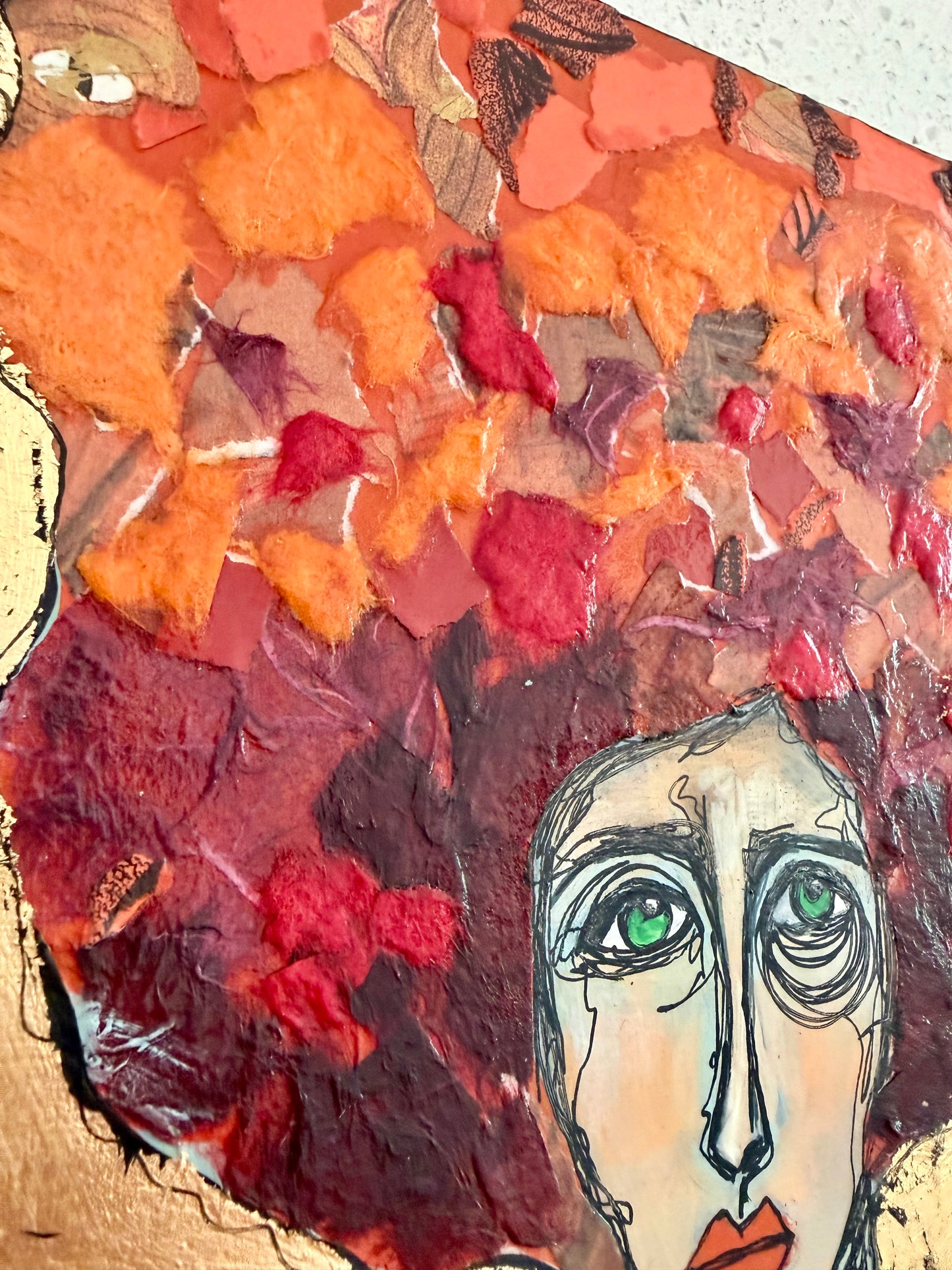 Original, signed mixed media painting/collage on 1in framed wood panel   Abstract portrait w/mixed media -12x12”