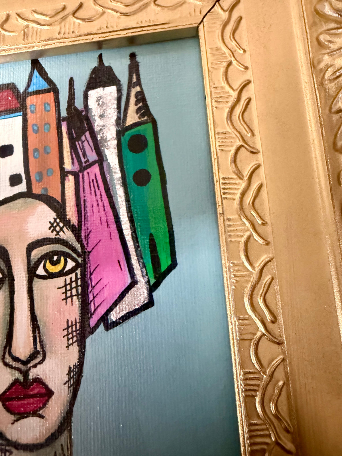 Original,signed painting-mixed media portrait on canvas in gold frame 10x12