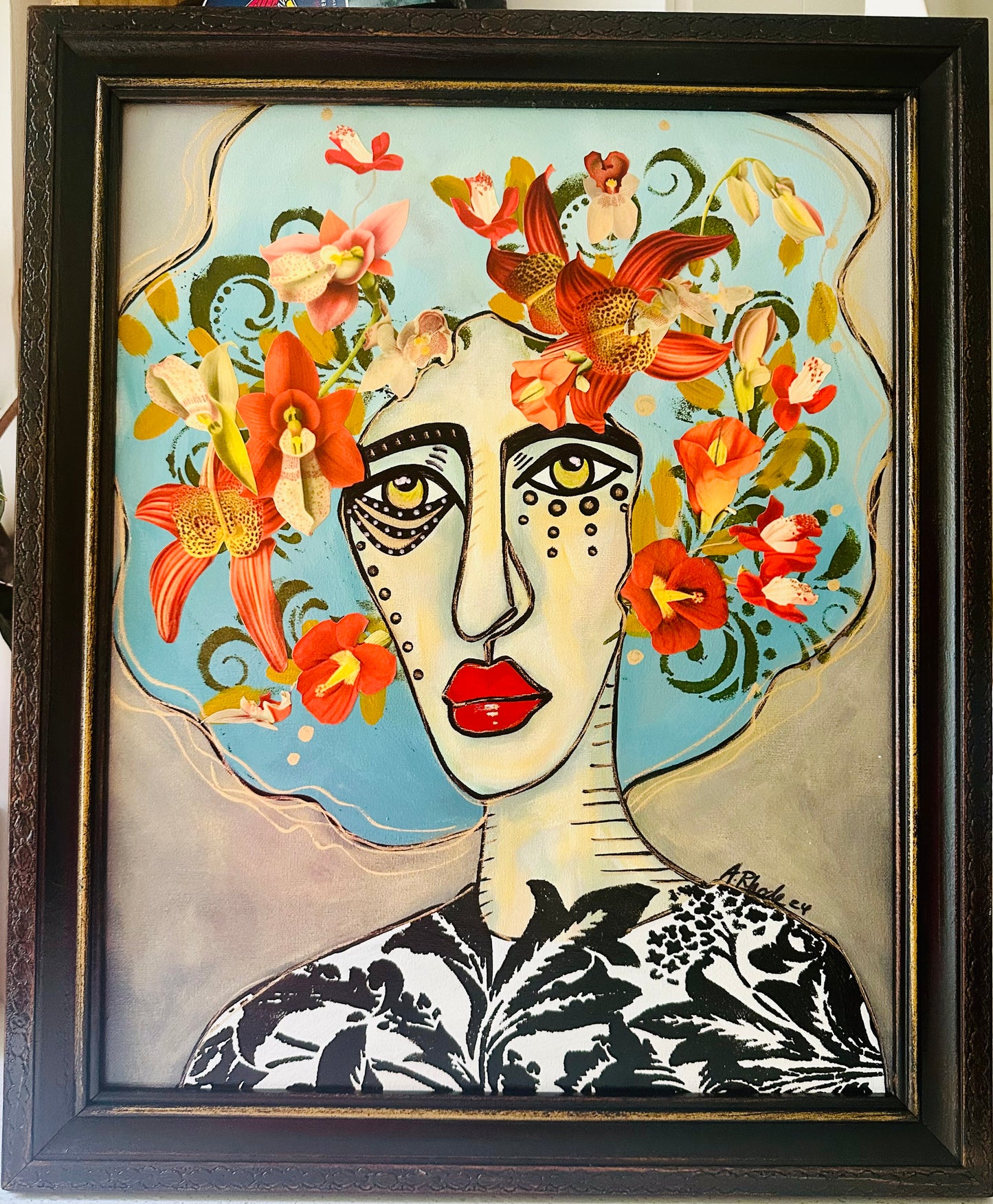 Large Original painting on canvas w/black frame 19x23” Abstract Portrait w/ mixed media botanical collage