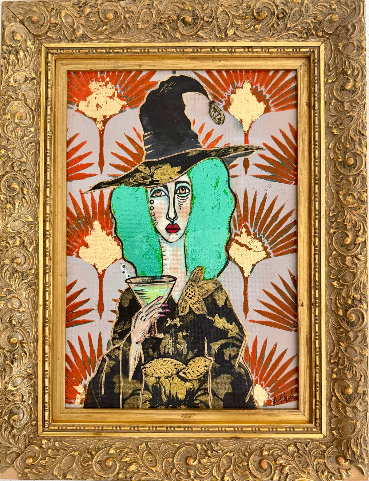 Original,signed Witches’ Brew painting & mixed media on canvas board in ornate gold frame14x18”