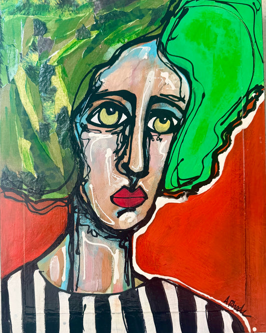 Original, signed mixed media painting/collage on box-framed wood panel. Abstract portrait w/mixed media -11x14”