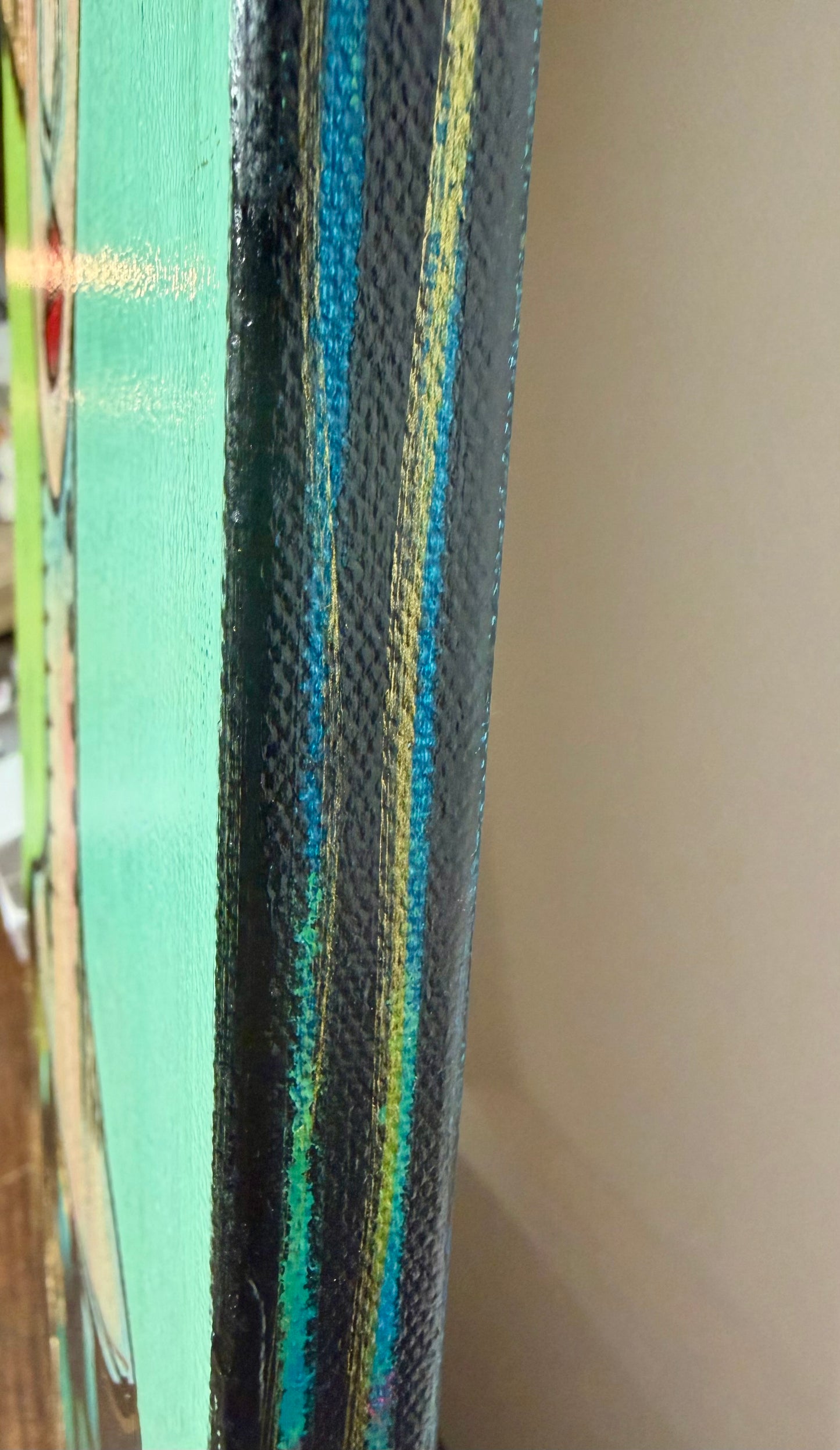 10x30” Original signed painting on painted edge canvas. Tall Abstract portrait, acrylic w/collage cityscape