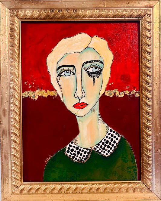 Original painting on canvas board in vintage gold frame-23x29”Abstract portrait w/mixed media collage