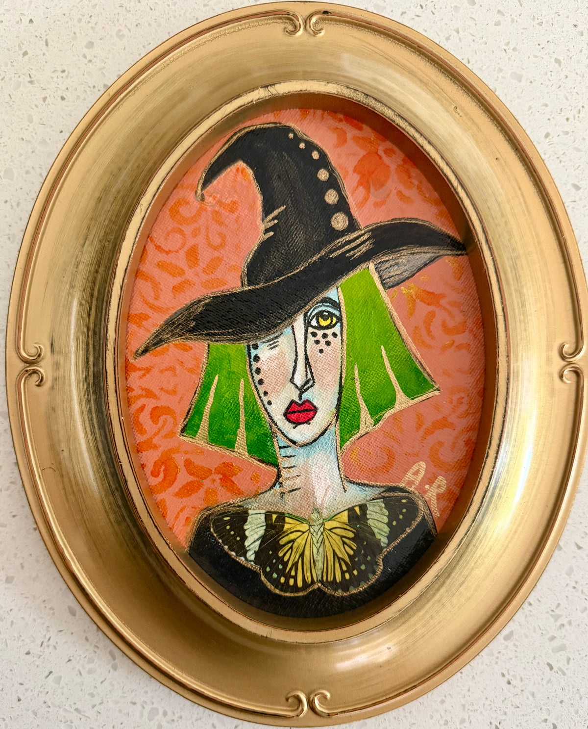 Original,signed oval mini Witch painting & mixed media on canvas board in gold frame 8x9”