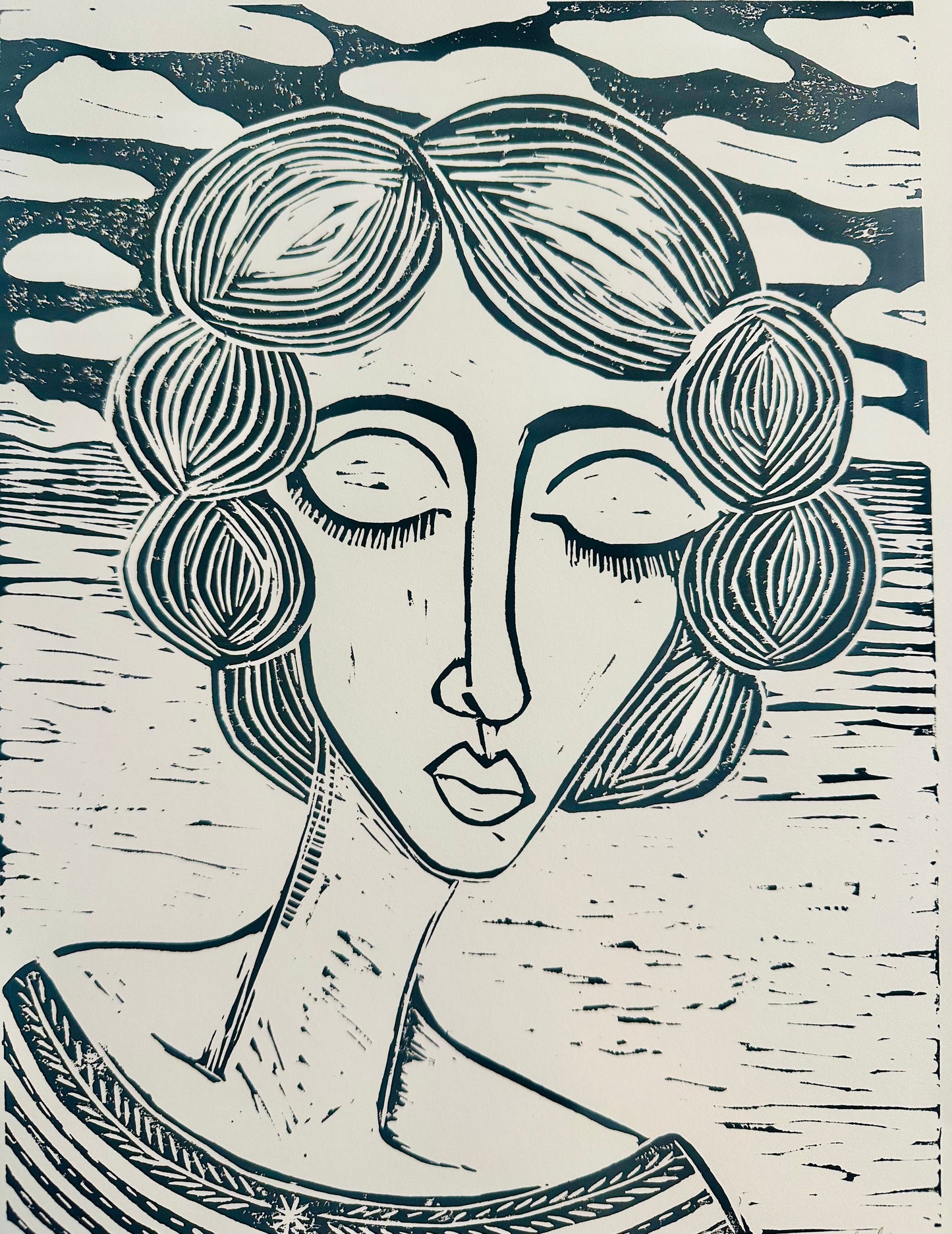 Original, hand-carved & pulled linocut block print - Unframed, 11x14 print “Bea”Abstract  Portrait.