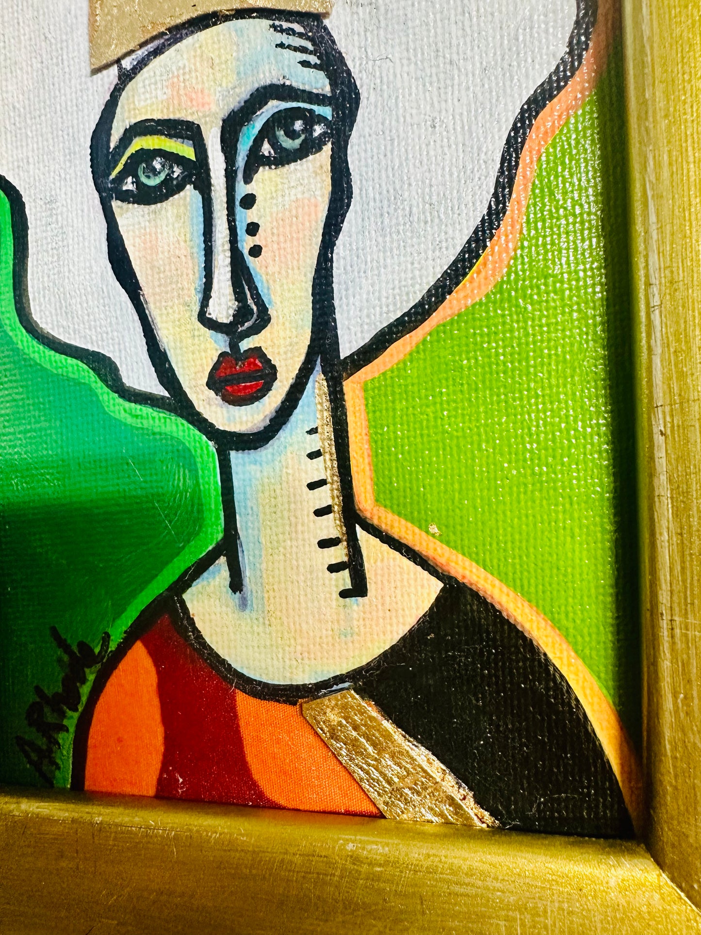 Original mini painting on canvas in gold frame, 9x11” Abstract portrait w/mixed media