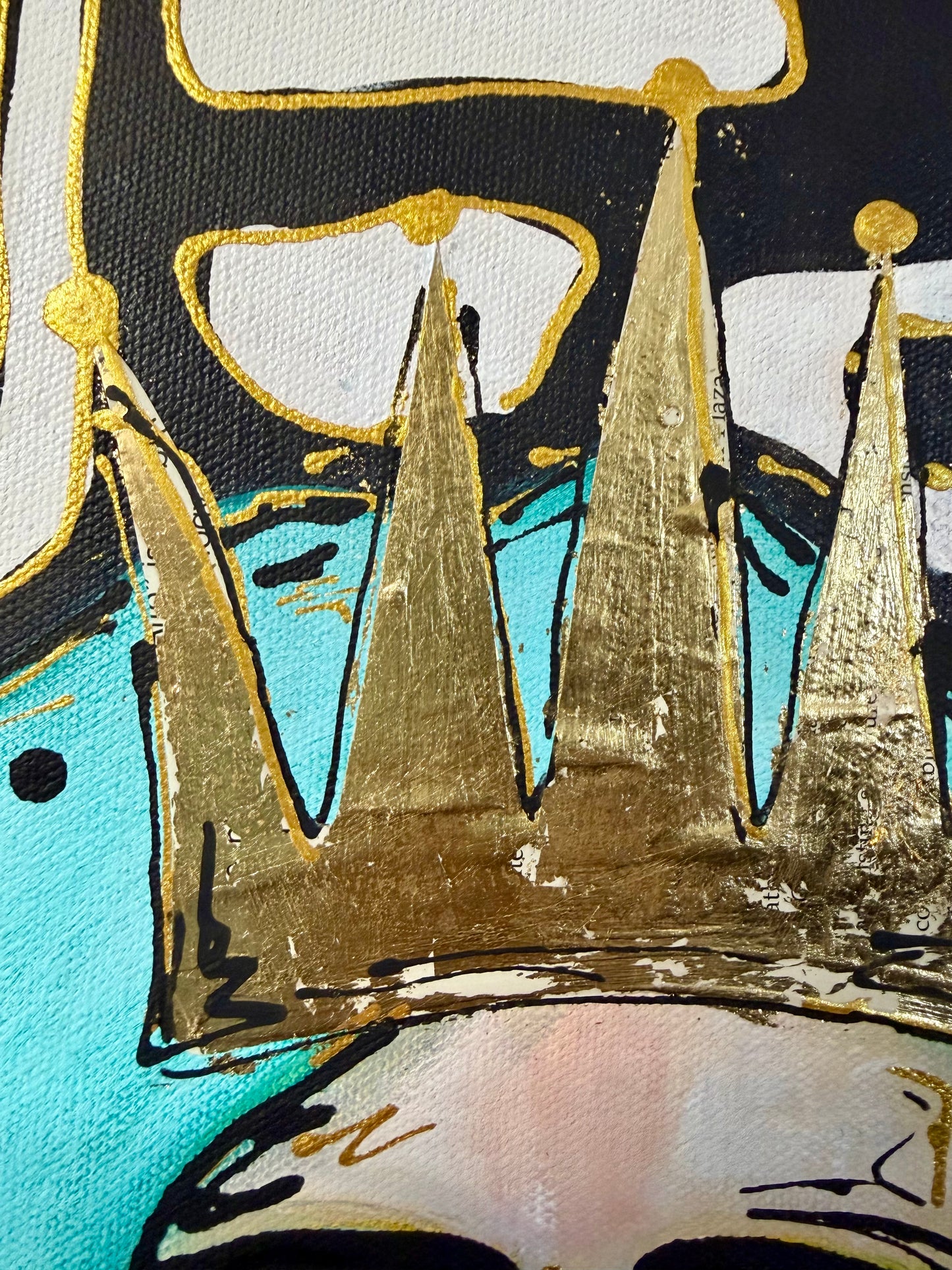 Original, signed painting-12x24” painted edge canvas: Abstract portrait w/ mixed media crown