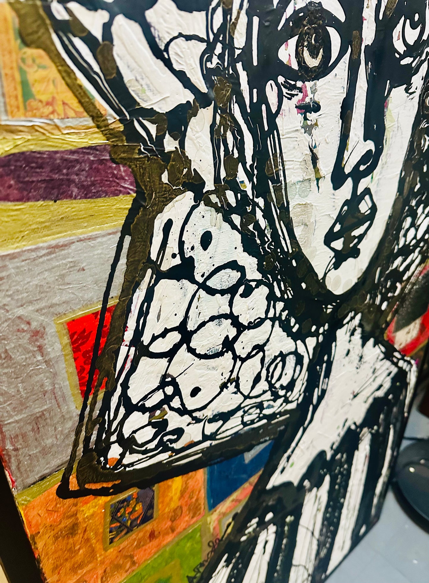 Tall, 26x50” Original painting on canvas w/black wood frame. Abstract,splatter w/gold ink,contour portrait-Large
