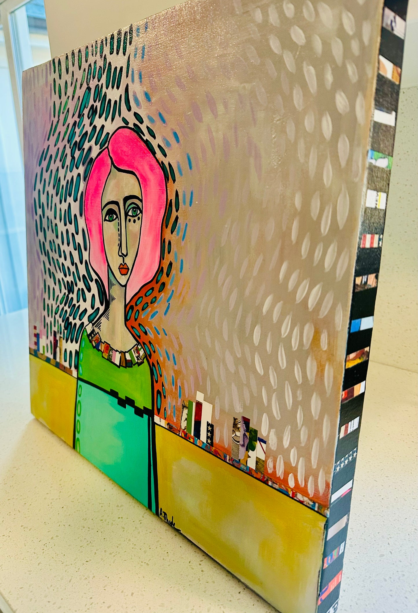 Original, signed painting-18x18” wide collage edge canvas: Abstract portrait w/ mixed media