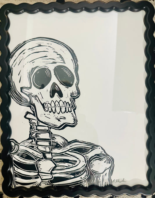 Original, hand-carved & printed linocut skelly print-in fun,wavy frame - 12x15
