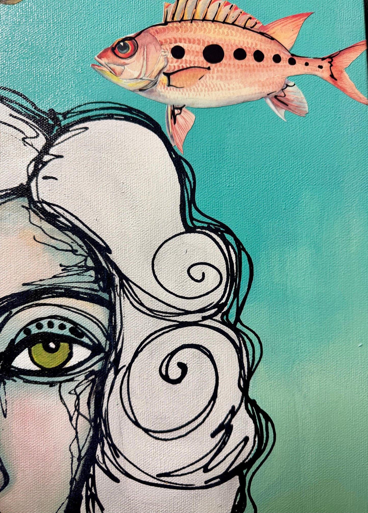 Original, signed painting-18x24”painted, wide edge canvas: Abstract portrait with mixed media collage