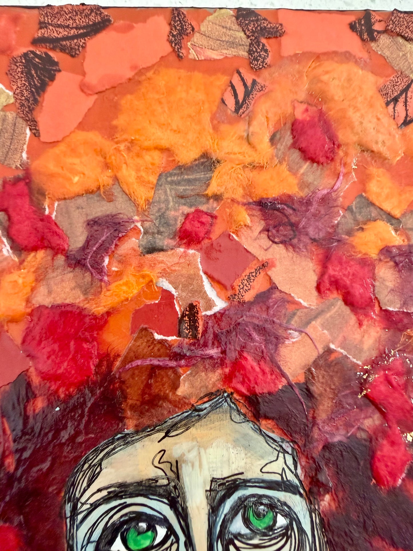 Original, signed mixed media painting/collage on 1in framed wood panel   Abstract portrait w/mixed media -12x12”