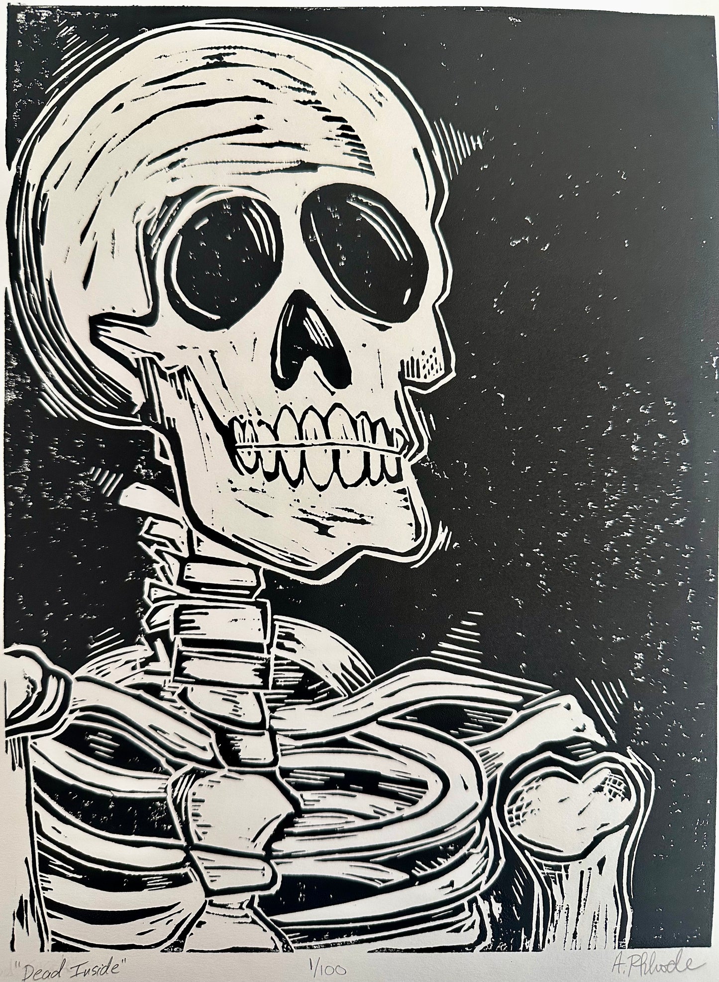 Original, hand-carved & pulled linocut block print - Unframed, 11x14 print or 13x16 framed - “Dead Inside”Abstract  Portrait.