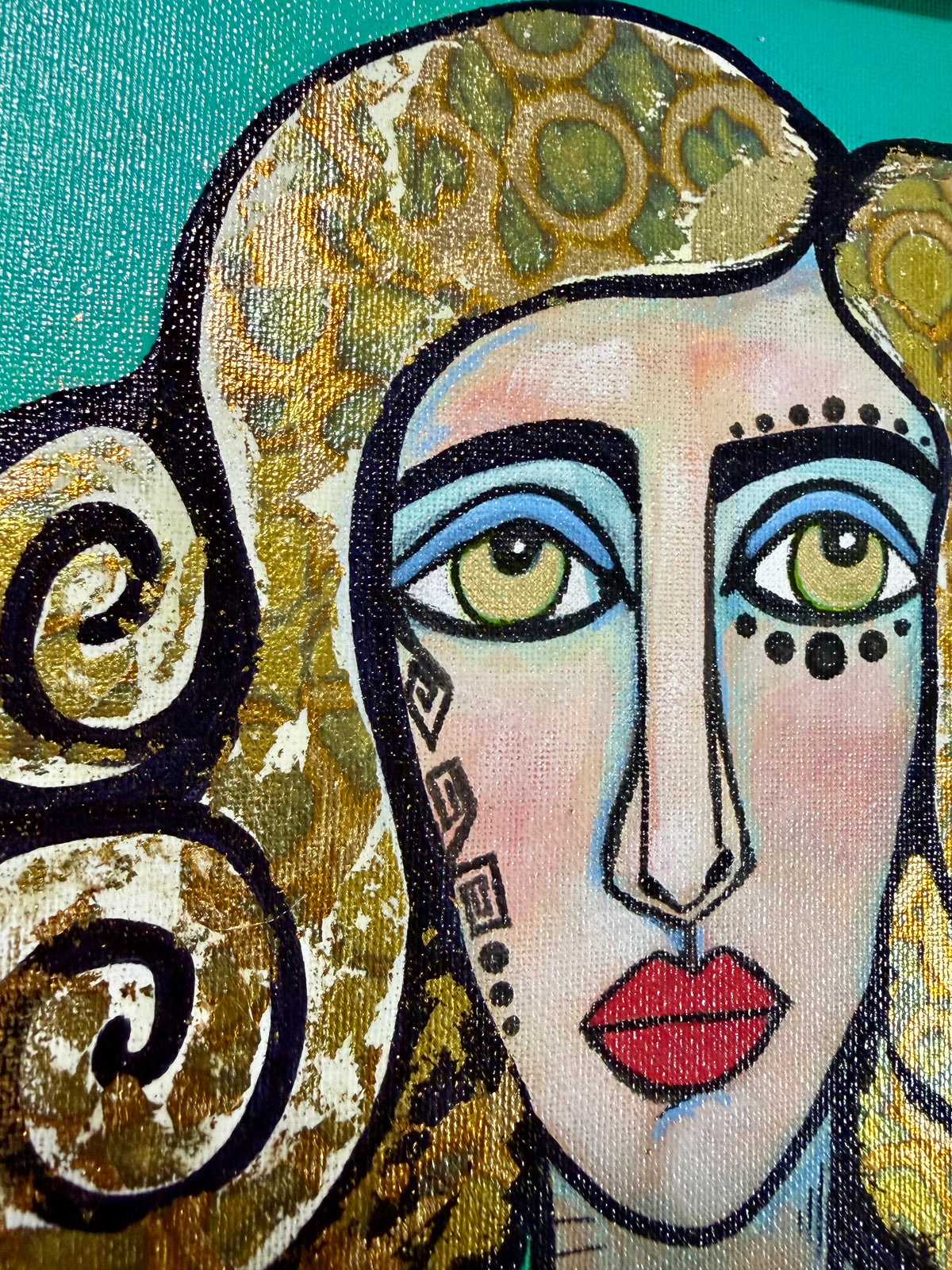 Original,signed painting-mixed media portrait on canvas board in black frame 10x12”