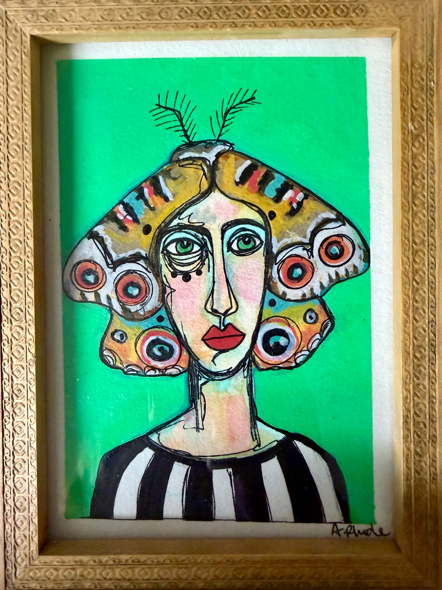 Original,signed painting & mixed media portrait on heavyweight archival paper/board in wood frame 8.5x10.5”