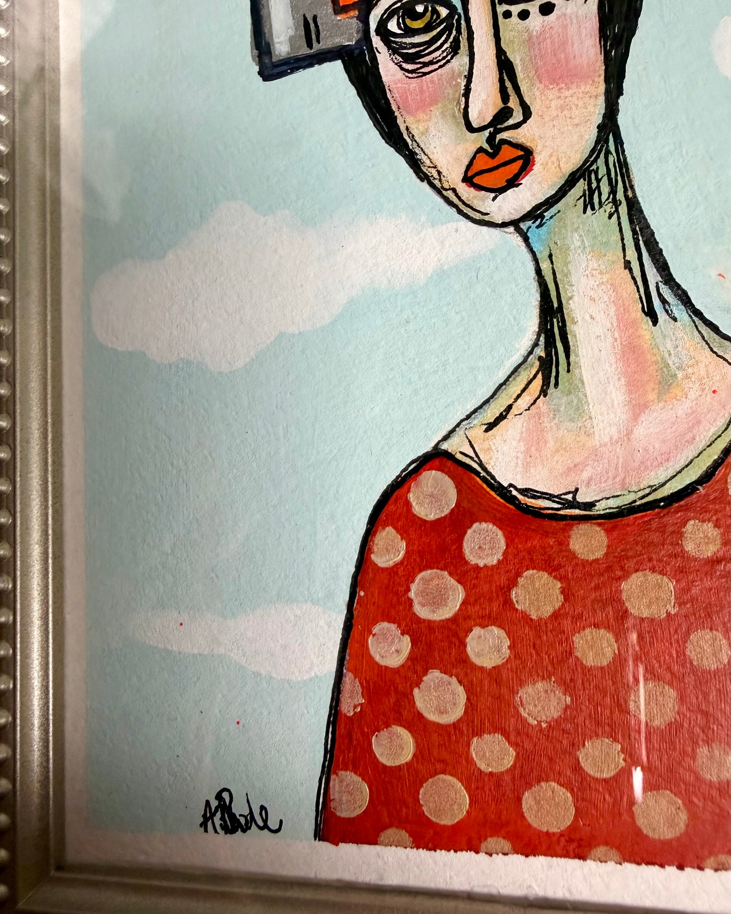 Original,signed painting/mixed media collage portrait on heavyweight archival paper in frame 10x12