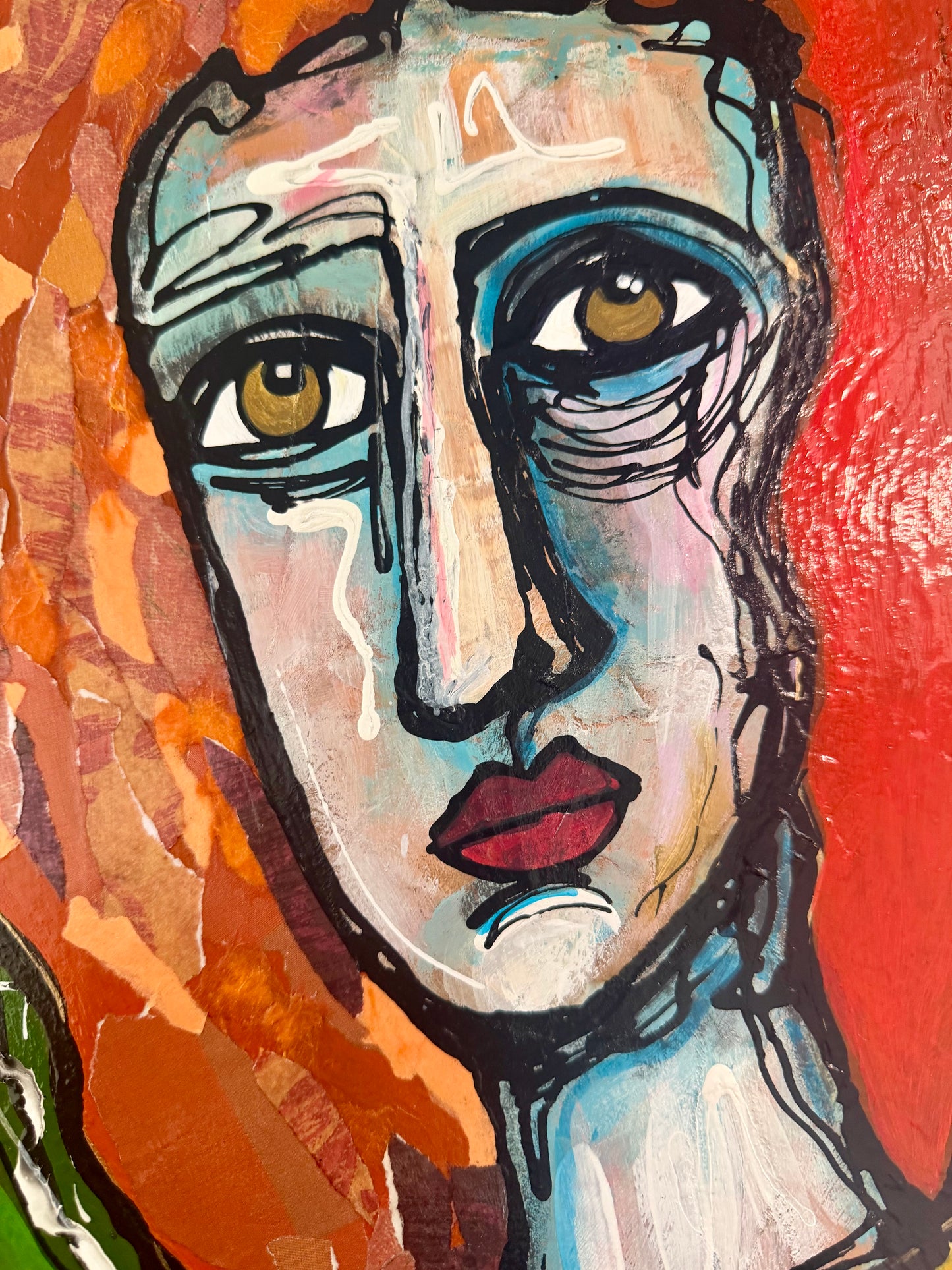 Original, signed mixed media painting/collage on box-framed wood panel. Abstract portrait w/mixed media -11x14”