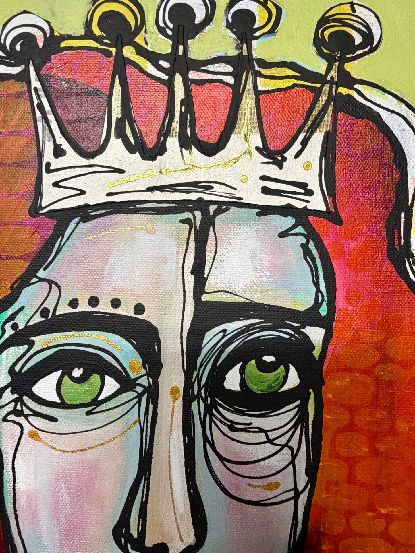 Original, signed painting-20x24”wide edge canvas: Abstract portrait with mixed media and collage edge