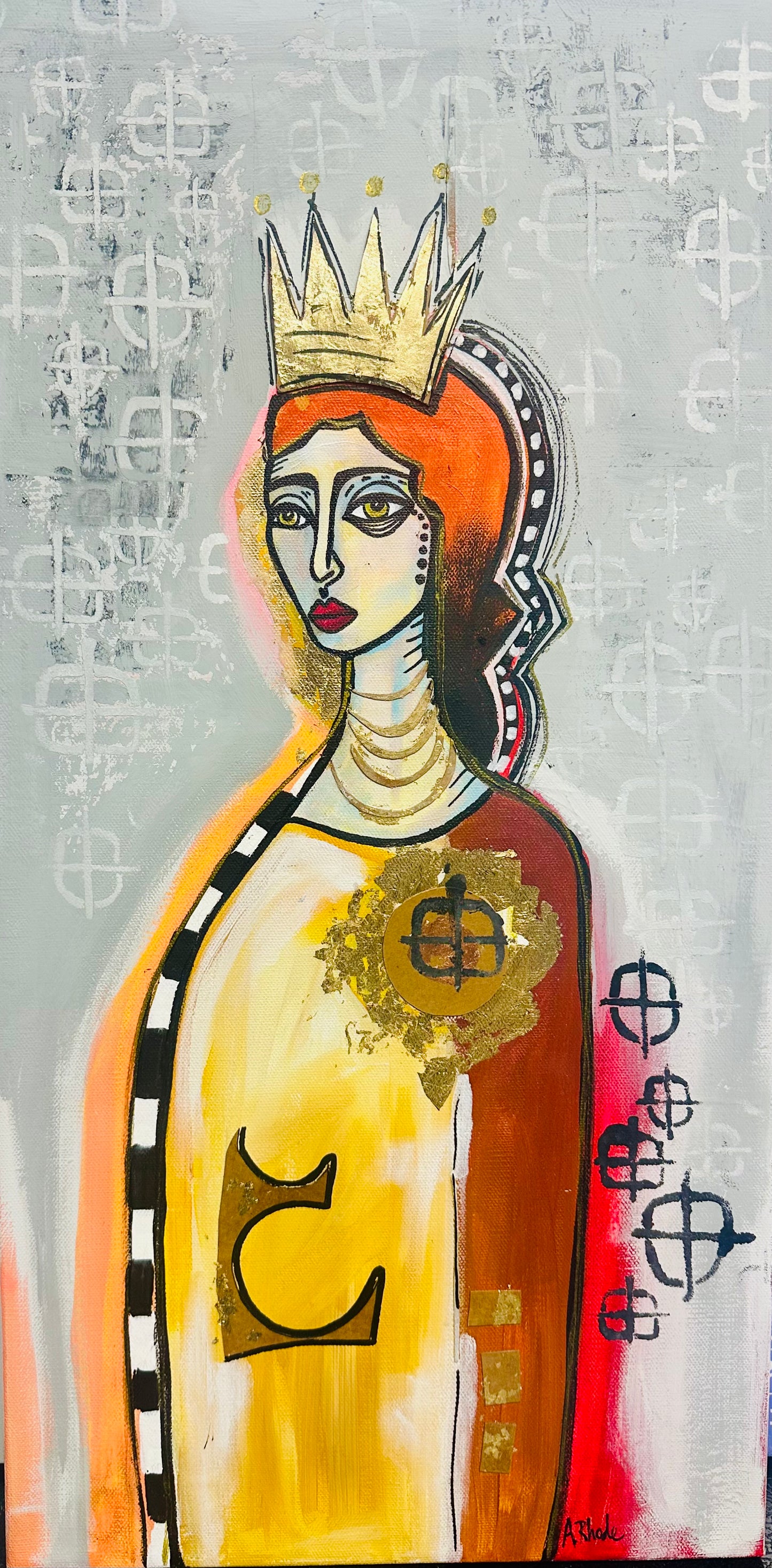 Original, signed painting-12x24” wide collage edge canvas: Abstract portrait w/ mixed media