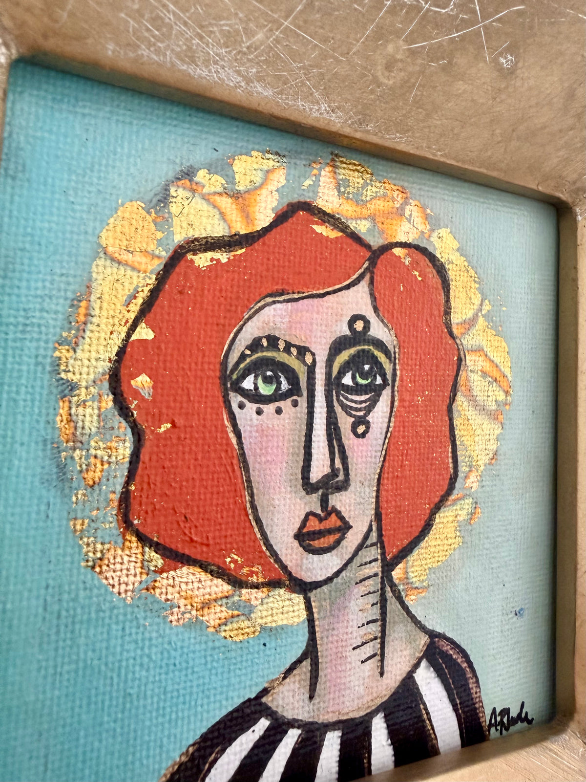Original,mini-signed painting-mixed media portrait on canvas in gold frame 9x9