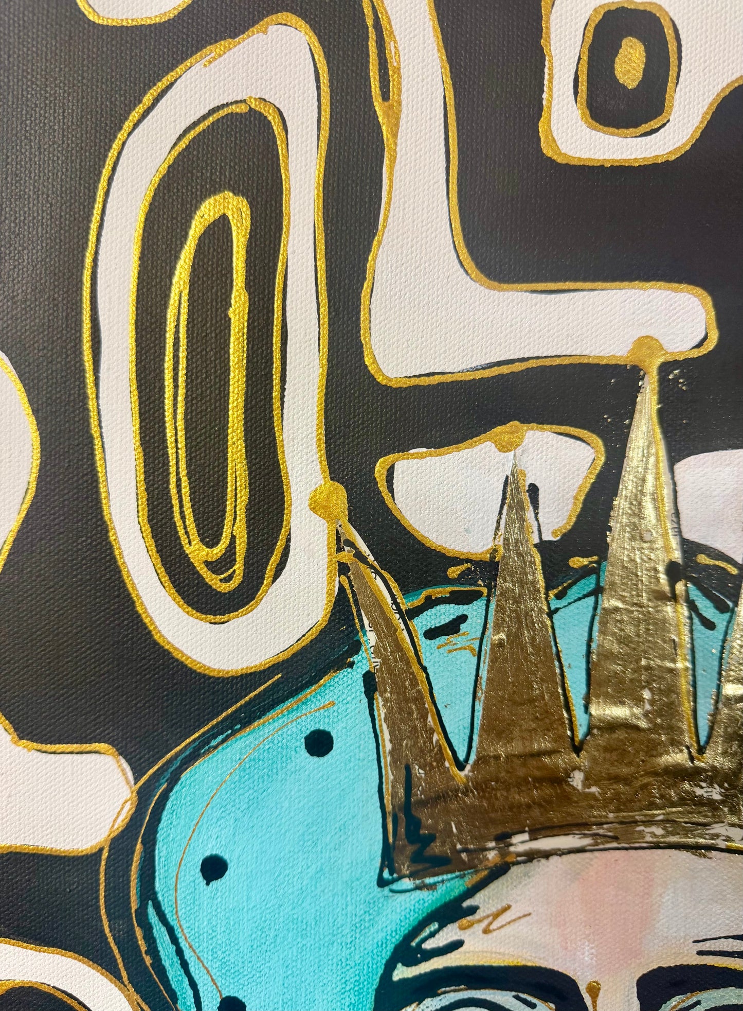 Original, signed painting-12x24” painted edge canvas: Abstract portrait w/ mixed media crown