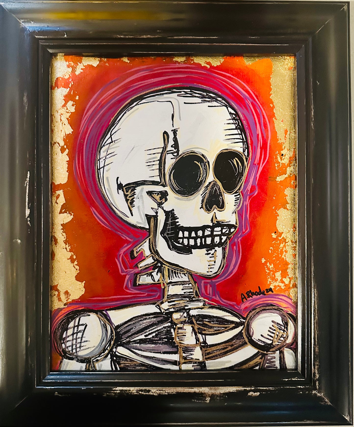 Original painting on canvas board w/ distressed black frame 16x19” Abstract Skelly Portrait w/ mixed media