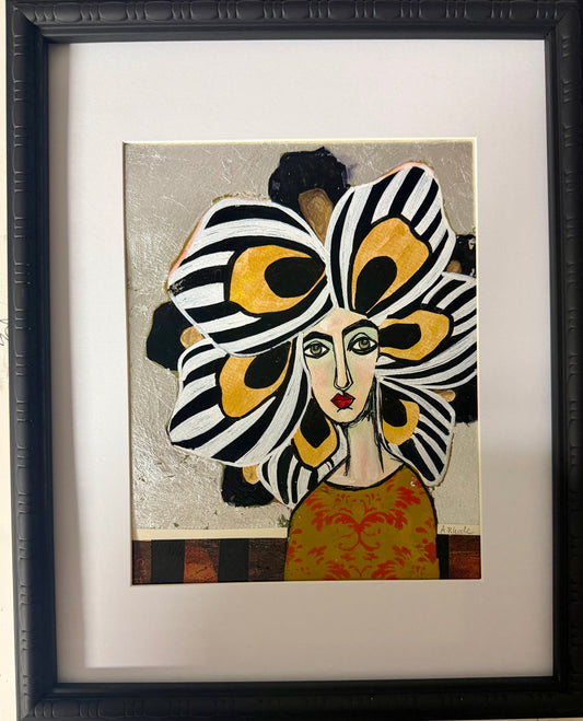 Original,signed painting/mixed media collage in black frame, 12x15” flower girl portrait.