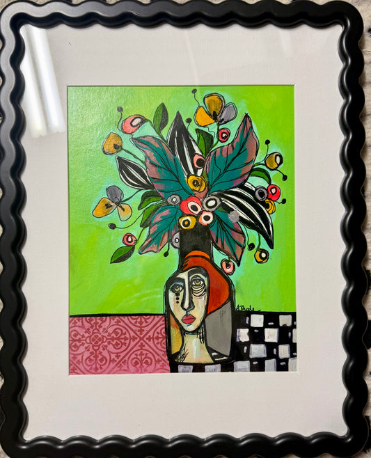 Original,signed painting/mixed media collage in black frame, 12x15” portrait vase.