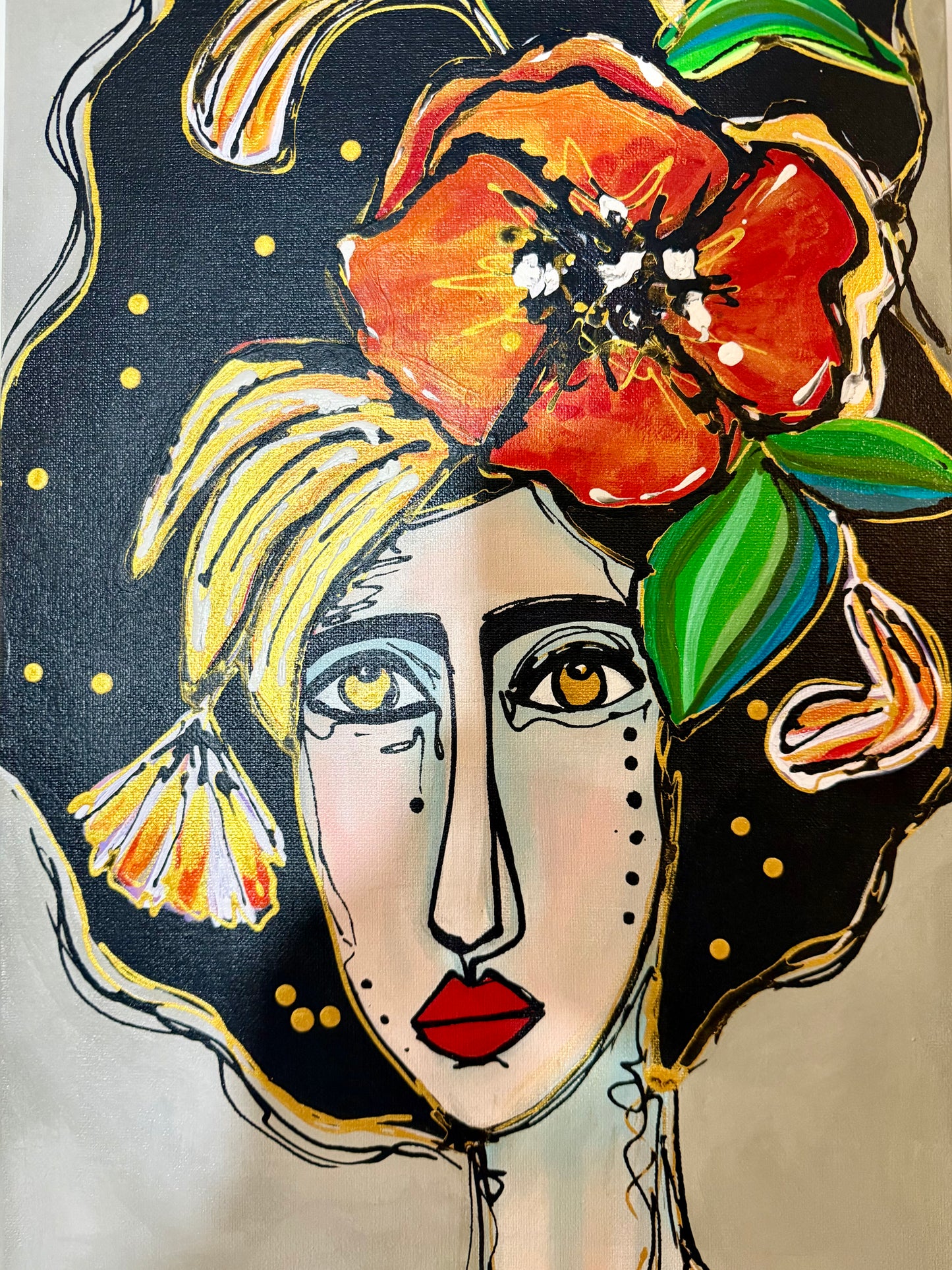 Original, signed painting-12x36” painted edge canvas: Abstract portrait with mixed media