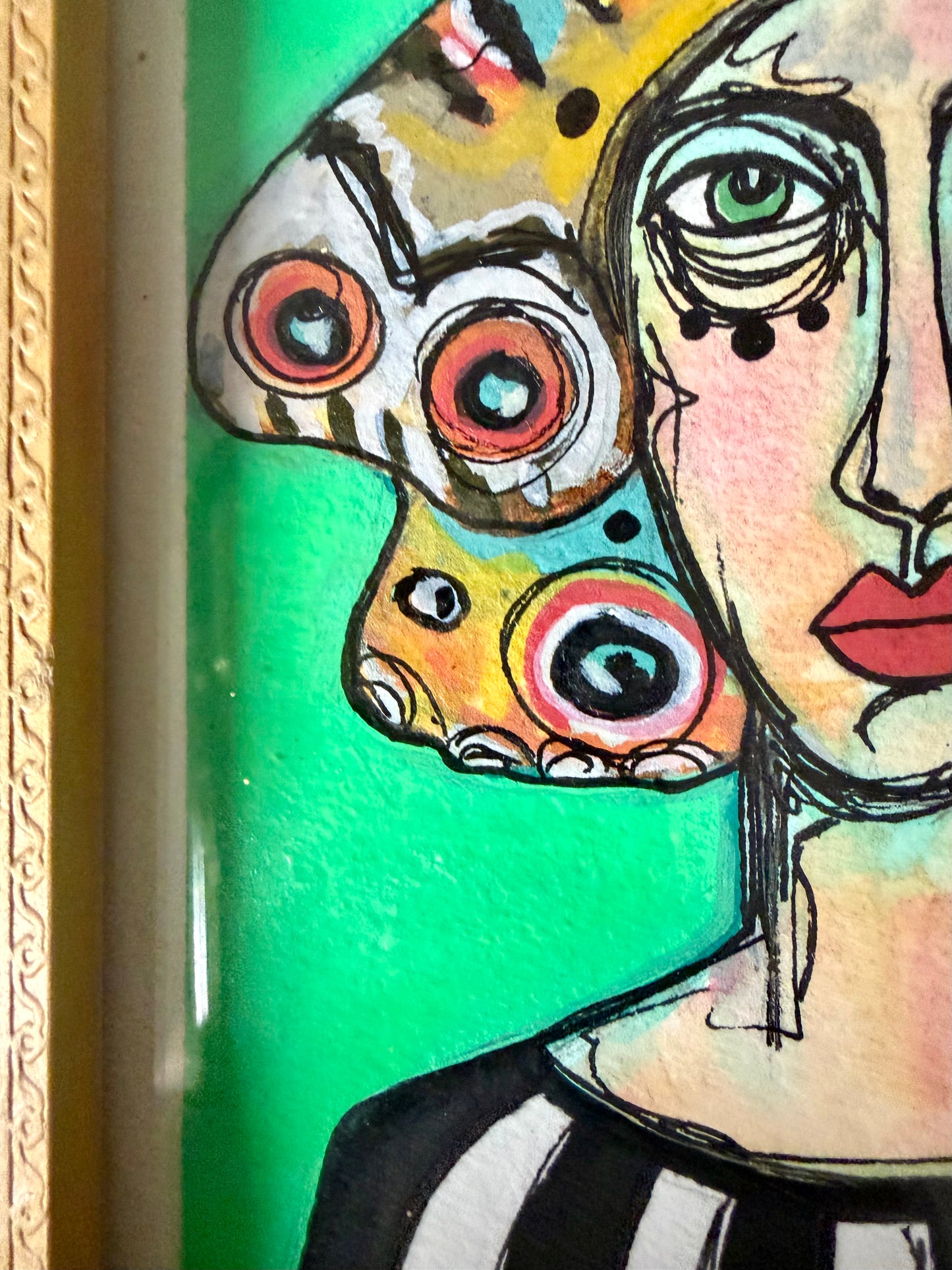 Original,signed painting & mixed media portrait on heavyweight archival paper/board in wood frame 8.5x10.5”