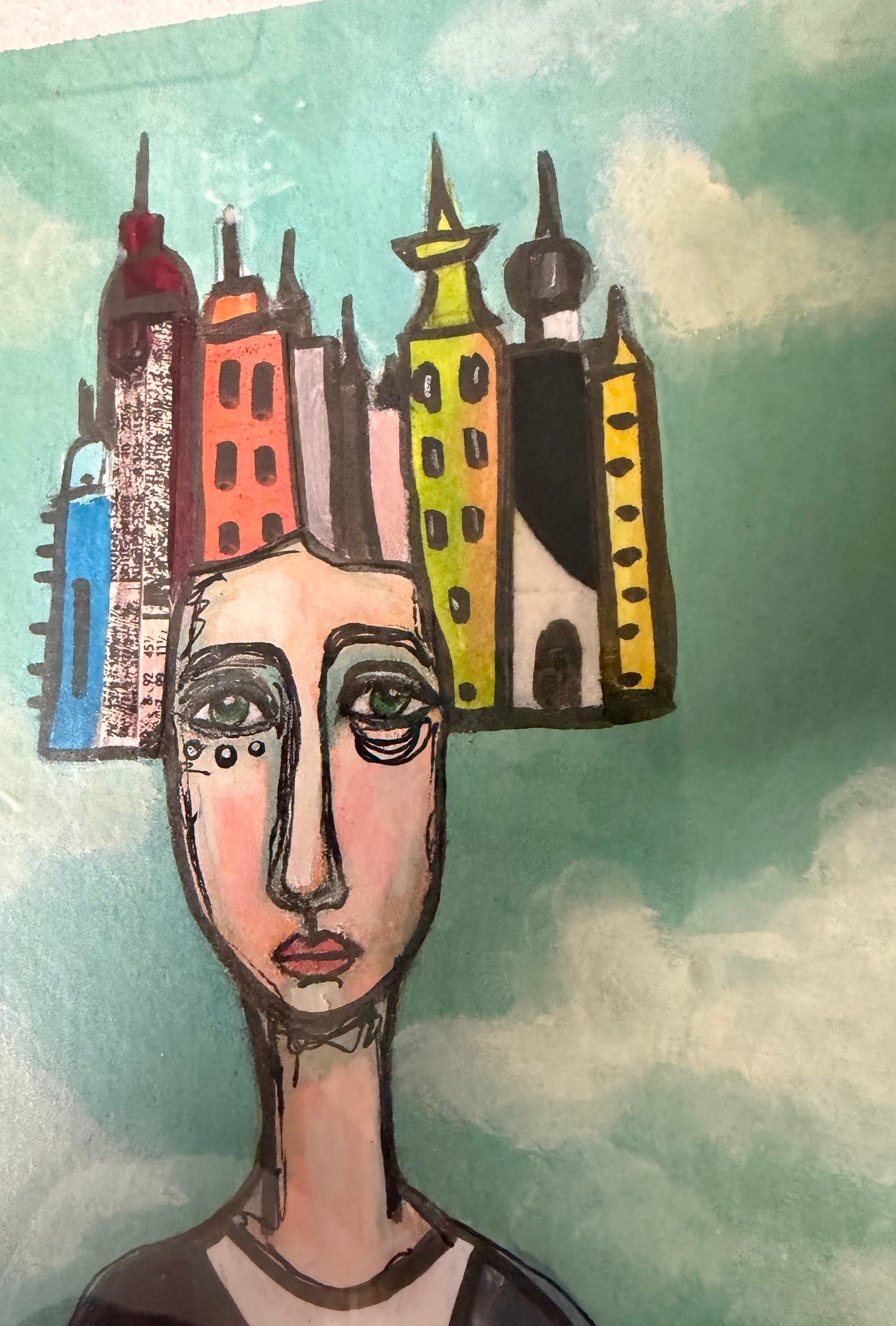 Original,signed painting/mixed media collage portrait on board in black frame, 10x12