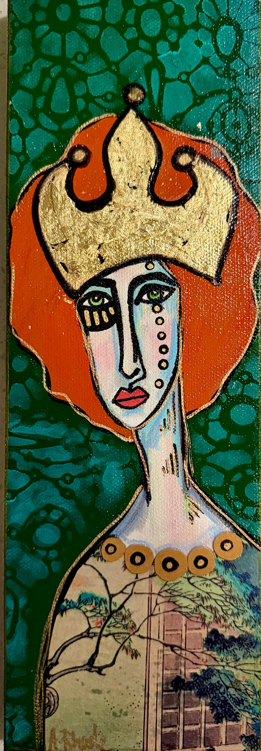 Original, signed mini /slender painting on canvas. Abstract portrait w/mixed media 4x12”