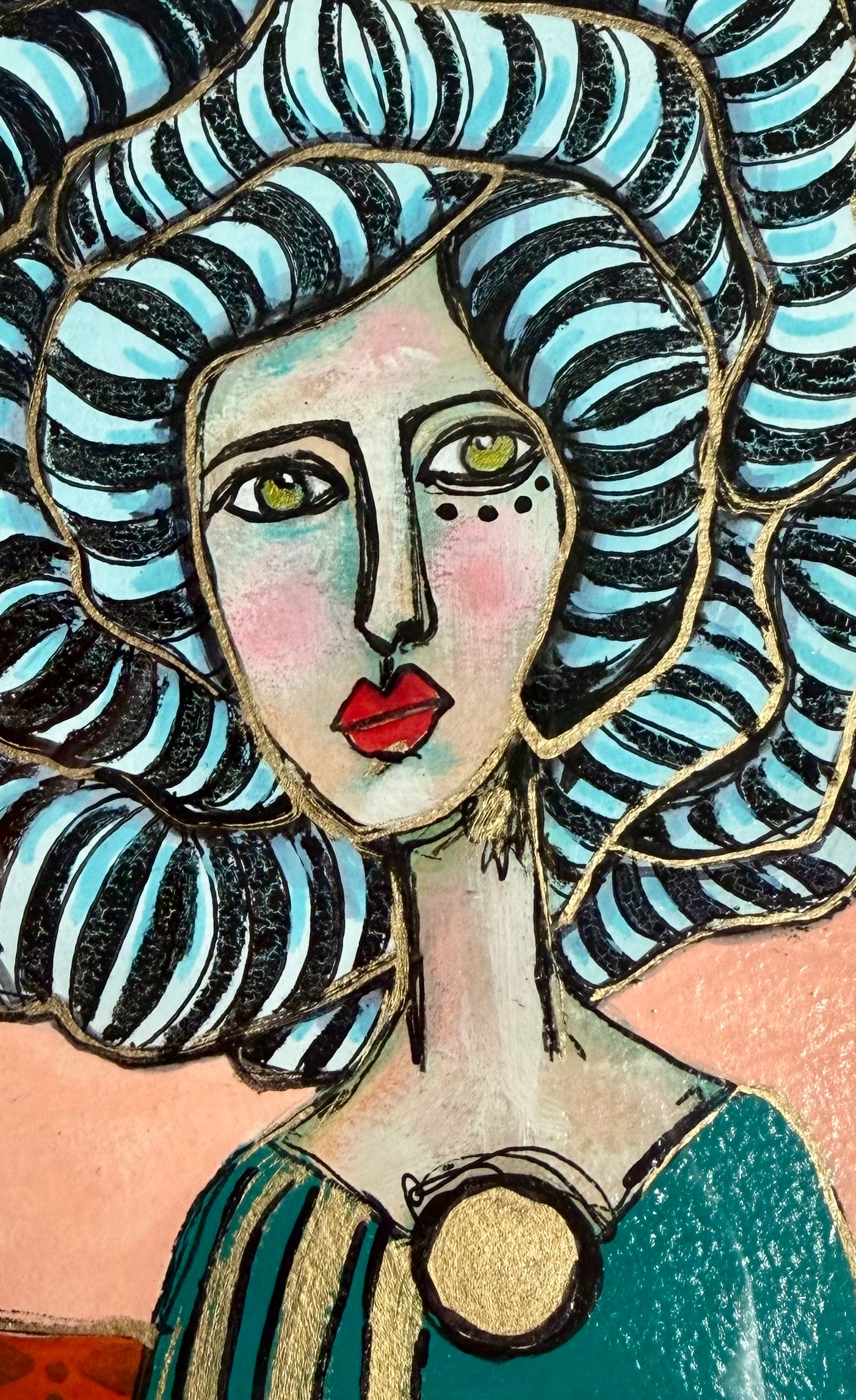 Original,signed painting/mixed media collage portrait on heavyweight archival paper/board in black frame 10.5x13